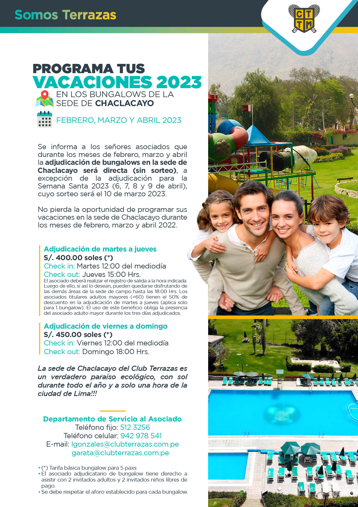 PROGRAMA TUS VACACIONES 2023 EN LOS BUNGALOWS DE LA SEDE DE CHACLACAYO: FEBRERO, MARZO Y ABRIL 2023