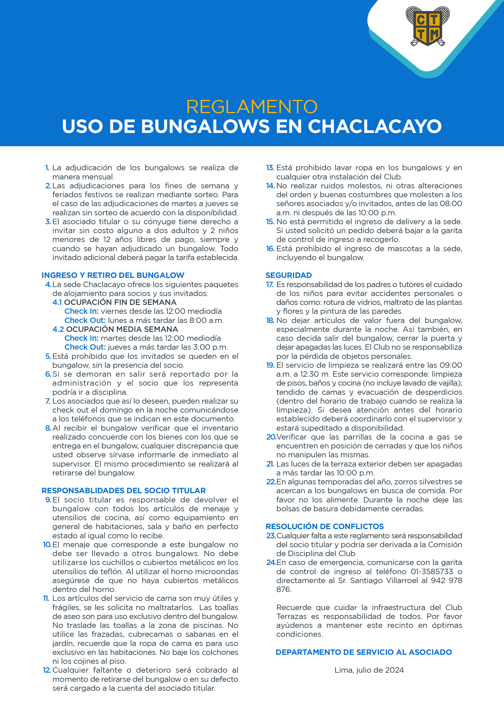REGLAMENTO USO DE BUNGALOWS EN SEDE CHACLACAYO 2024