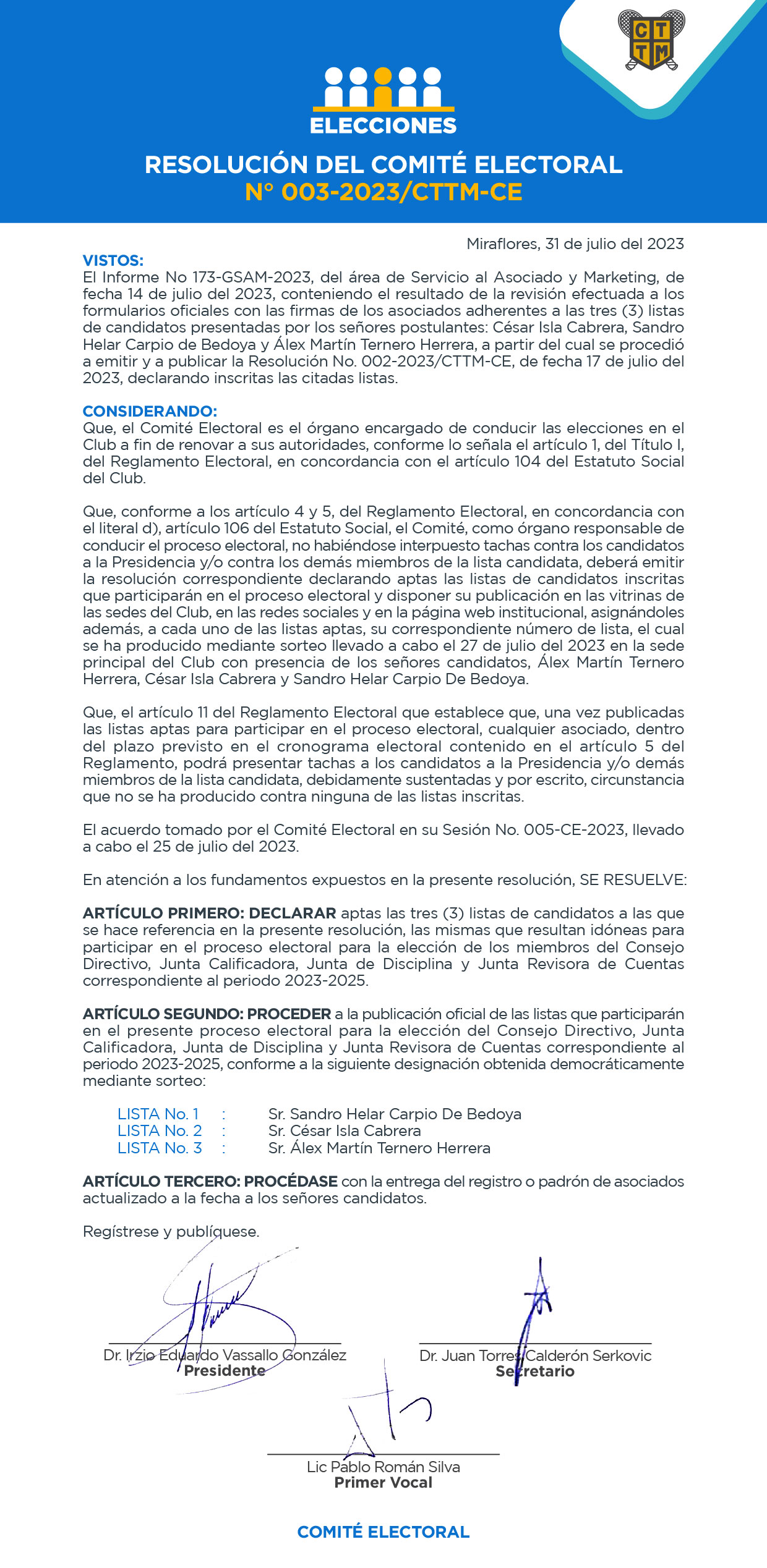 RESOLUCIÓN DEL COMITÉ ELECTORAL N° 003-2023/CTTM-CE