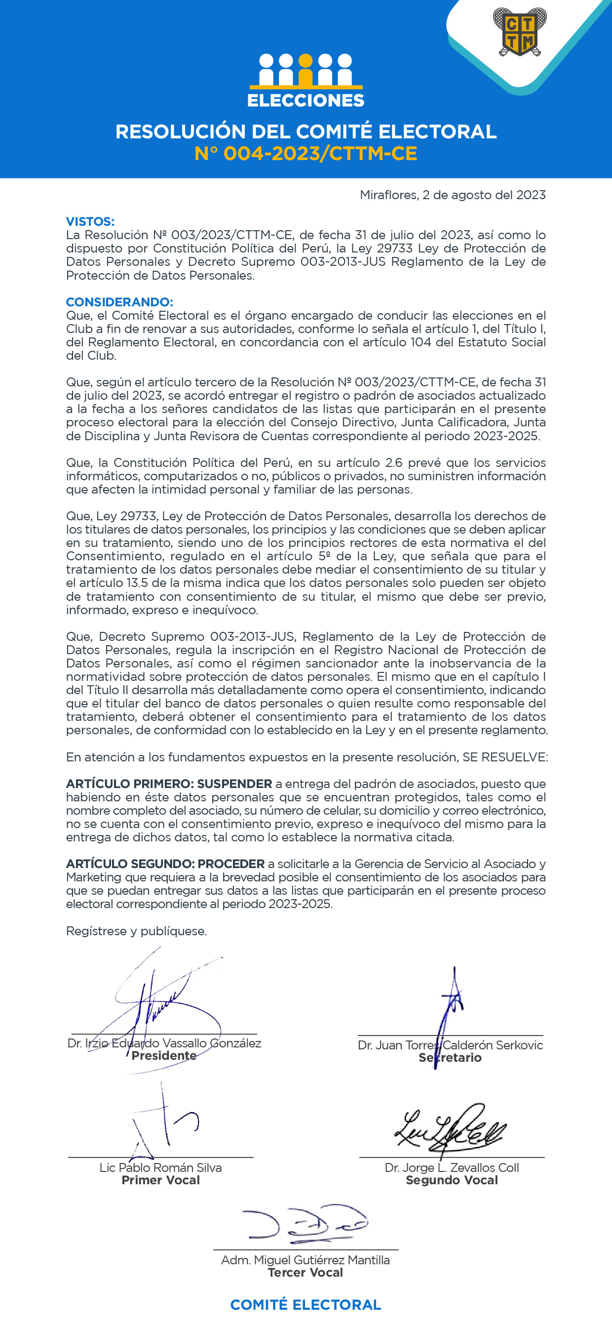 RESOLUCIÓN DEL COMITÉ ELECTORAL N 004-2023 CTTM-CE