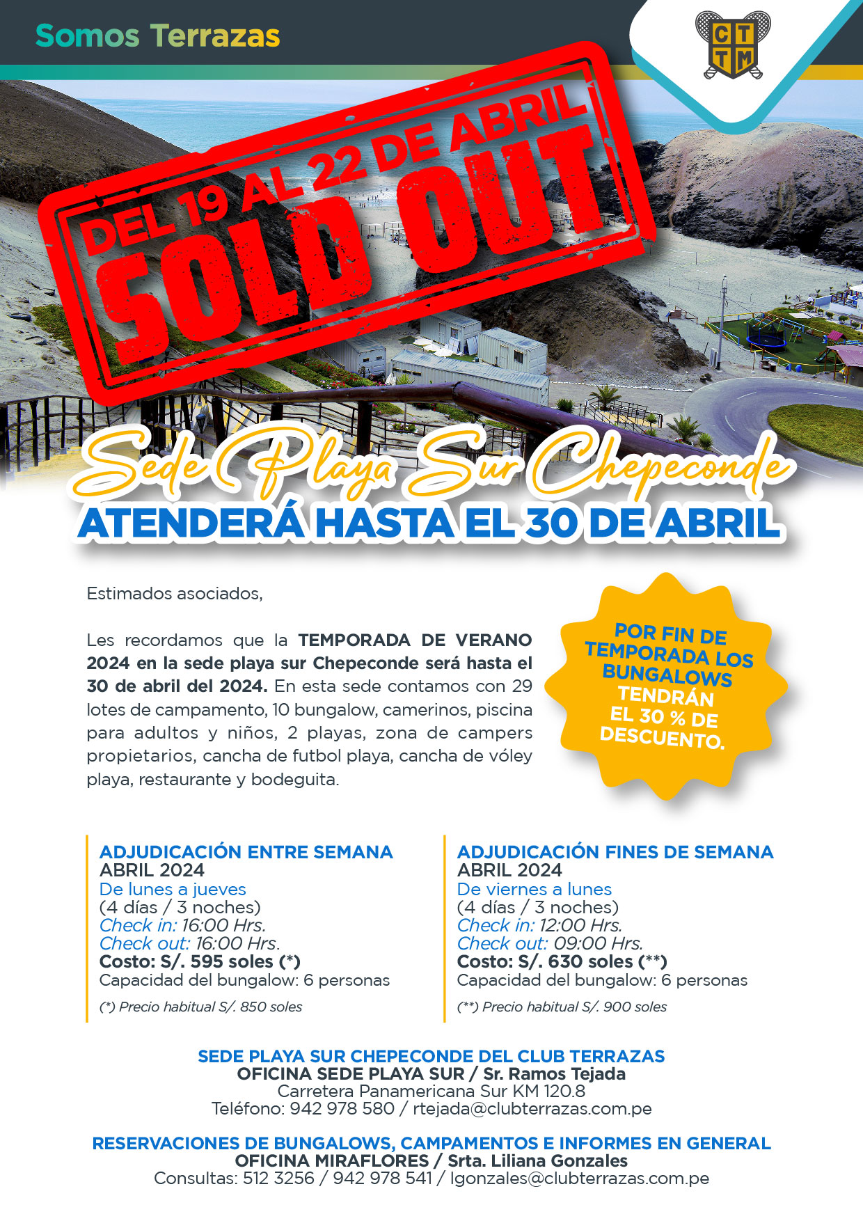 ¡SOLD OUT DEL 19 AL 22 DE ABRIL EN SEDE PLAYA SUR CHEPECONDE!