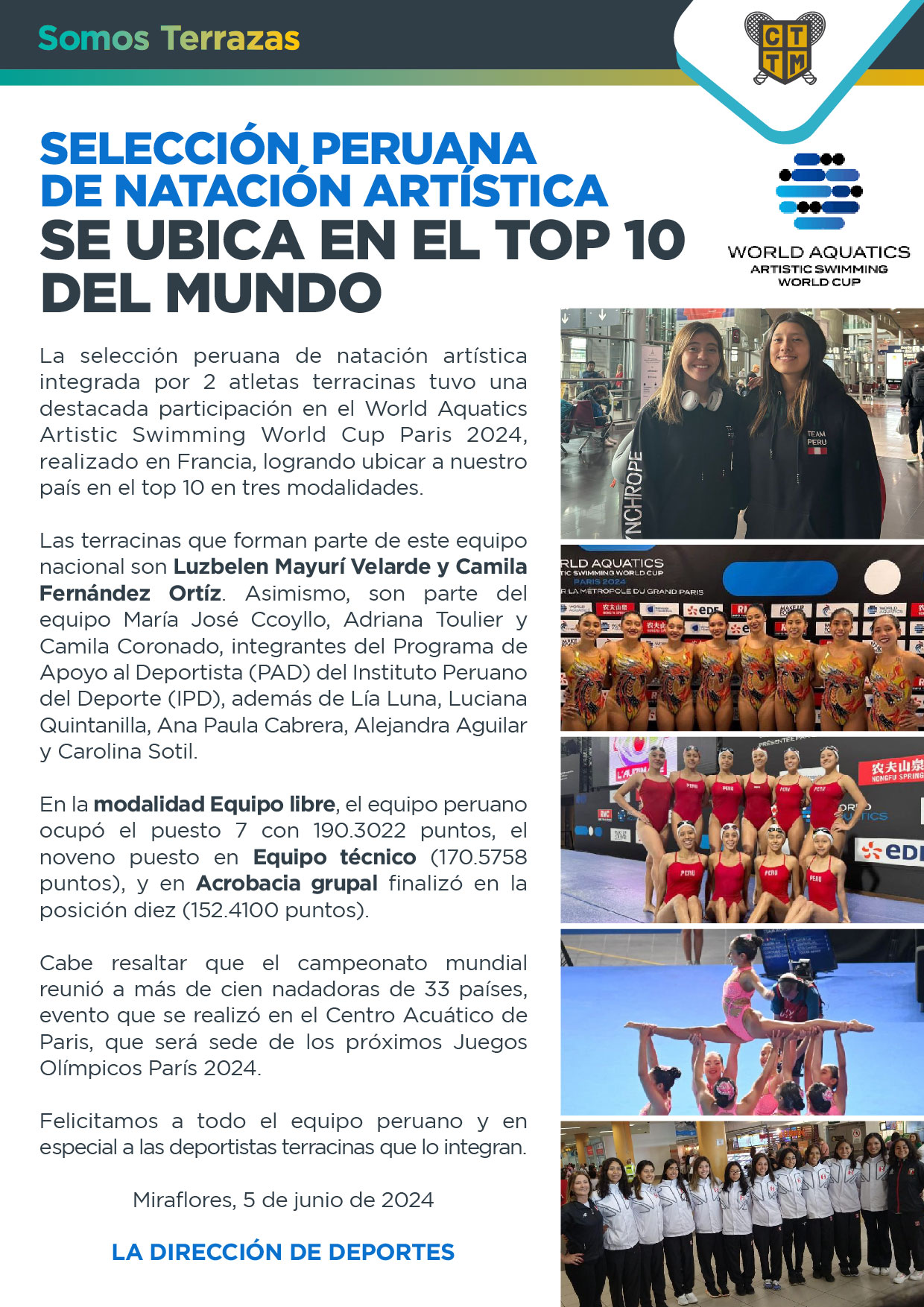 SELECCIÓN PERUANA DE NATACIÓN ARTÍSTICA SE UBICA EN EL TOP 10 DEL MUNDO