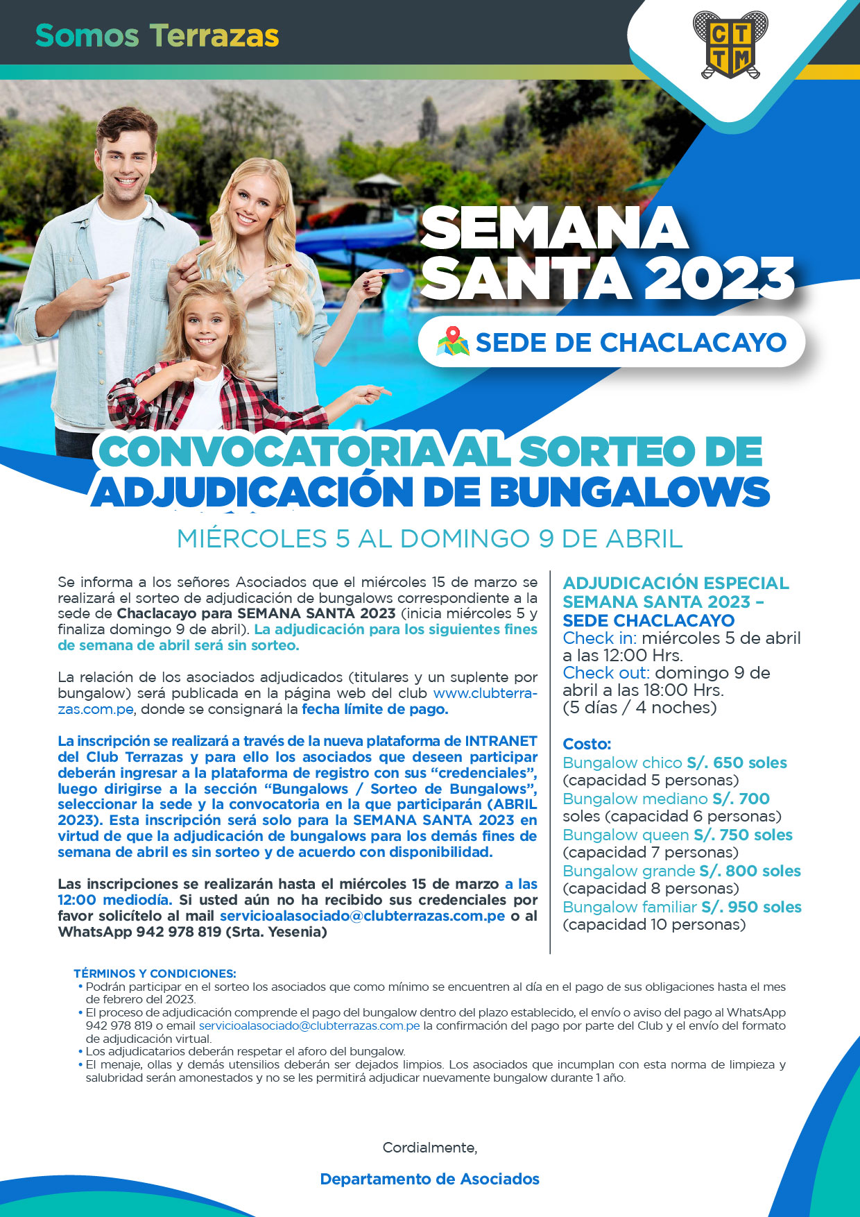 CONVOCATORIA AL SORTEO DE ADJUDICACIÓN DE BUNGALOWS - SEMANA SANTA 2023: SEDE DE CHACLACAYO