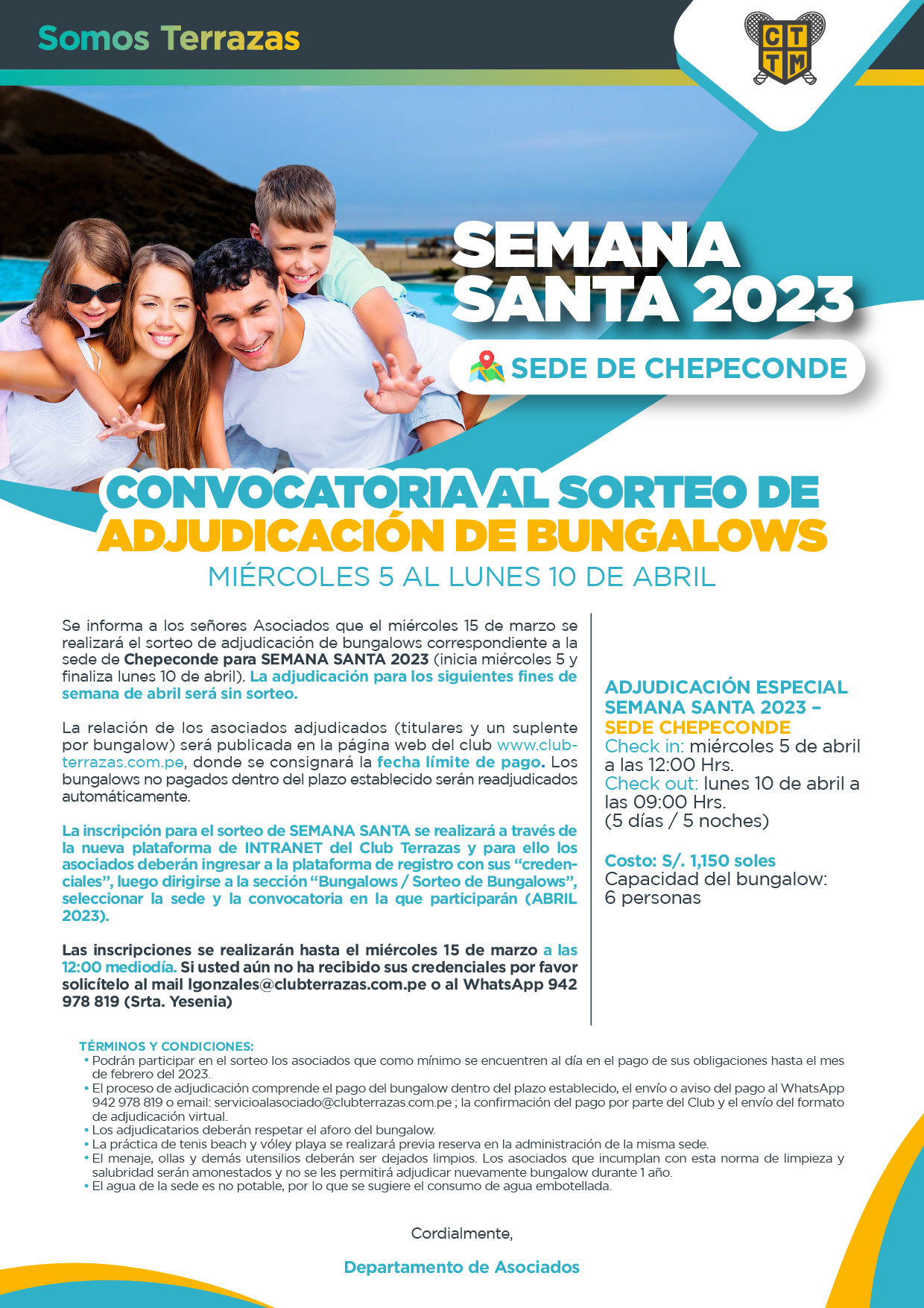 CONVOCATORIA AL SORTEO DE ADJUDICACIÓN DE BUNGALOWS - SEMANA SANTA 2023: SEDE DE CHEPECONDE