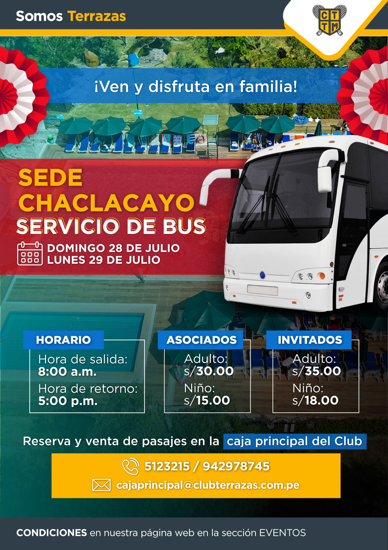 SERVICIO DE BUS: DISFRUTA EN FAMILIA EN LA SEDE DE CHACLACAYO / DOMINGO 28 Y LUNES 29  DE JULIO