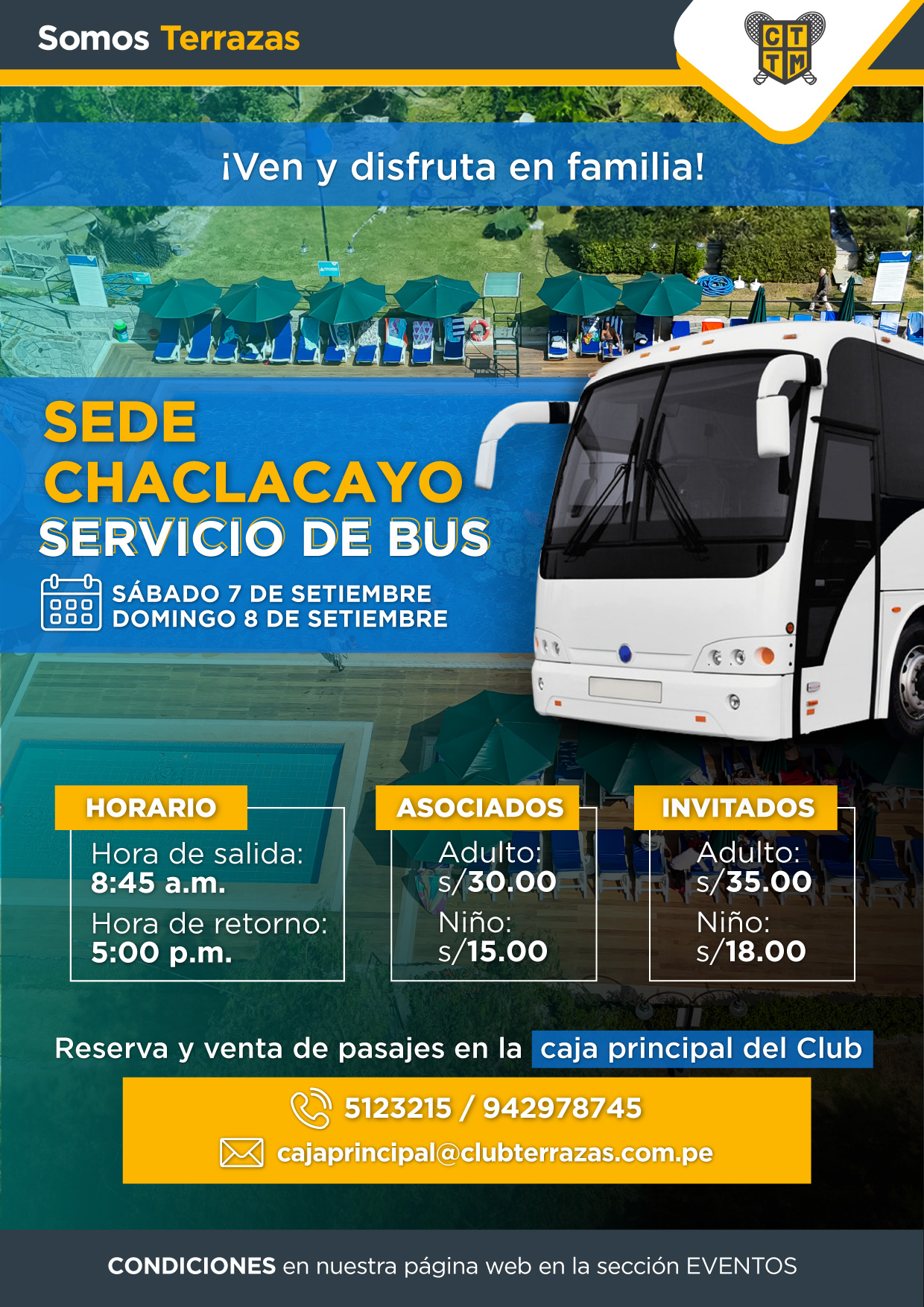 SERVICIO DE BUS: DISFRUTA EN FAMILIA EN LA SEDE DE CHACLACAYO / SÁBADO 07 Y DOMINGO 08 DE SETIEMBRE