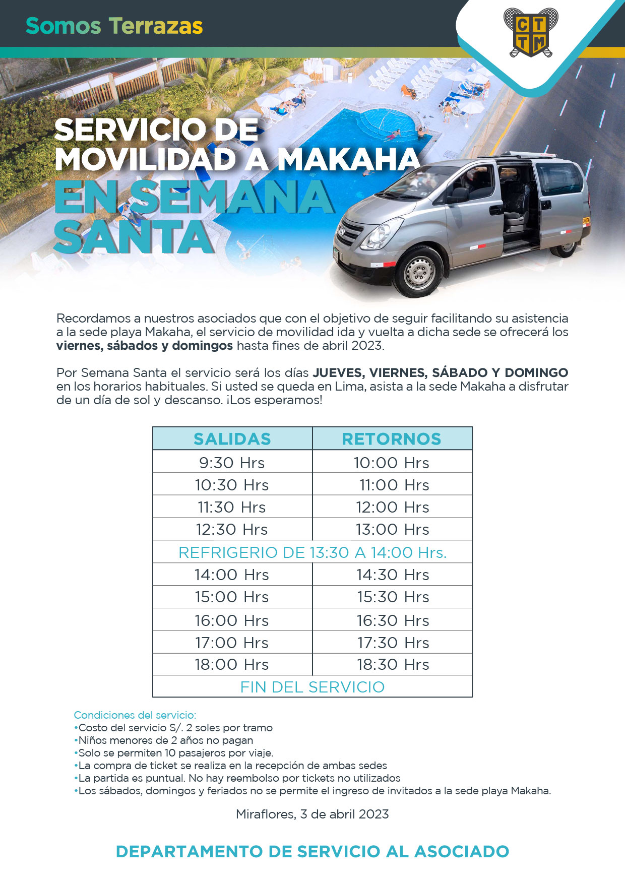 SERVICIO DE MOVILIDAD HACIA LA SEDE PLAYA MAKAHA EN SEMANA SANTA