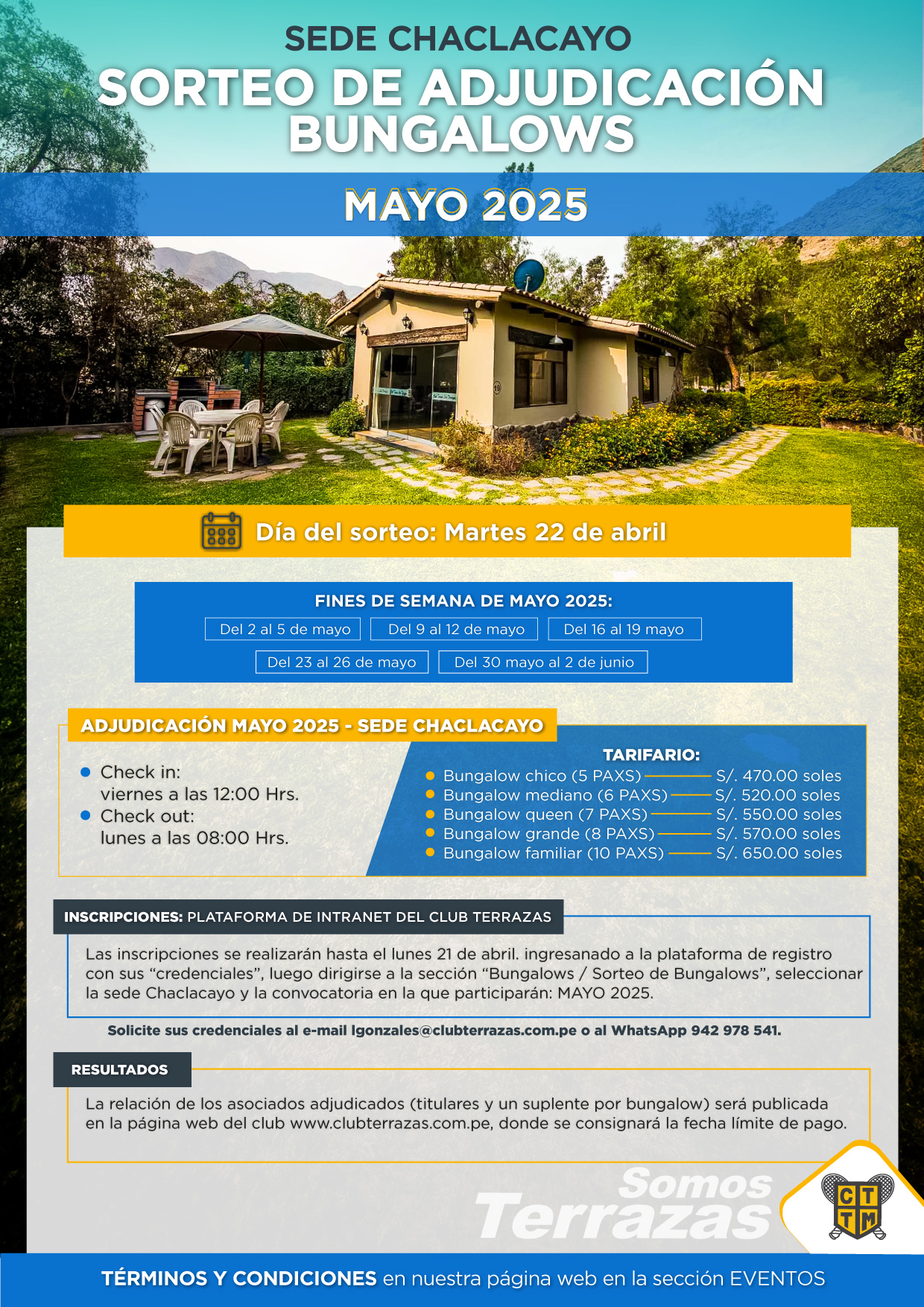 📢 CONVOCATORIA AL SORTEO DE ADJUDICACIÓN DE BUNGALOWS SEDE CHACLACAYO - MAYO 2025 🏞️🏡