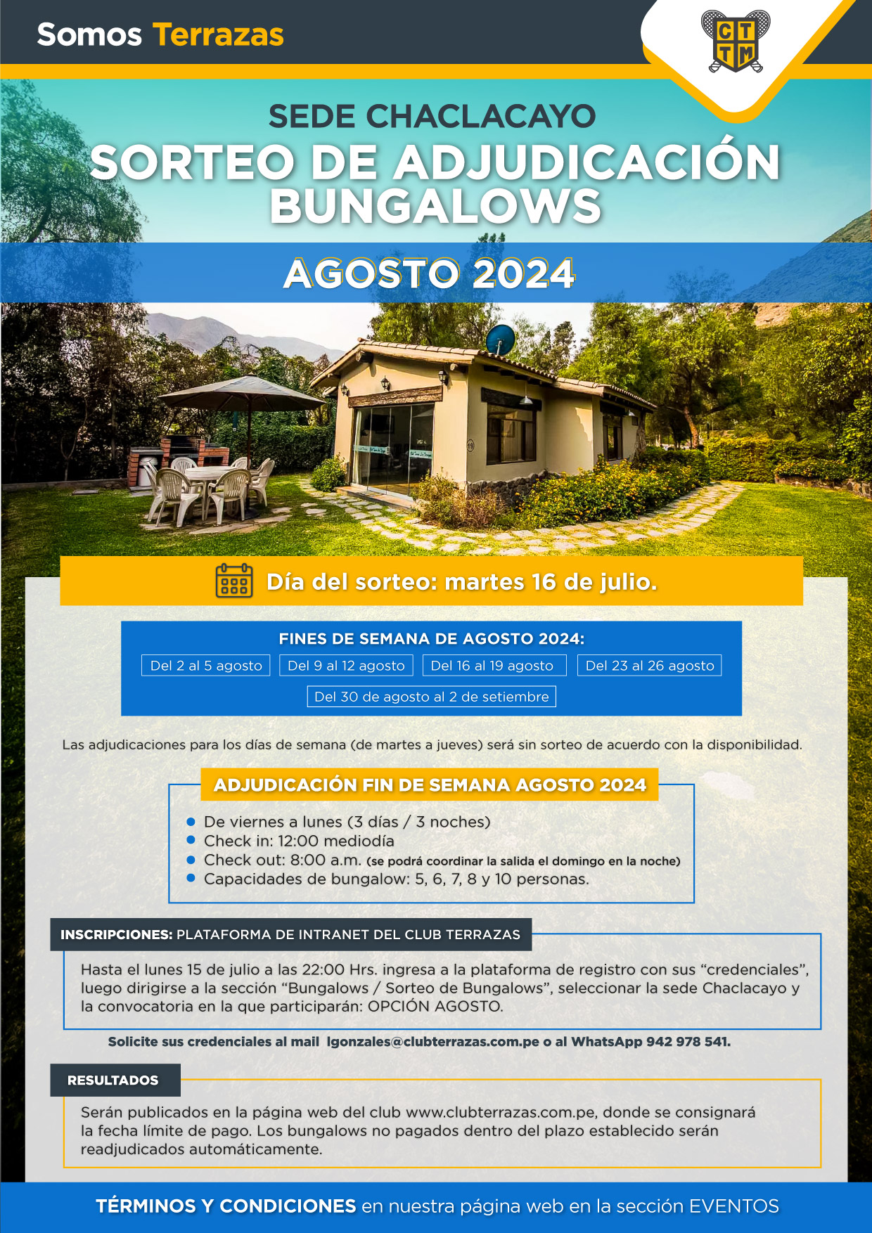 CONVOCATORIA AL SORTEO DE ADJUDICACIÓN DE BUNGALOWS: AGOSTO 2024