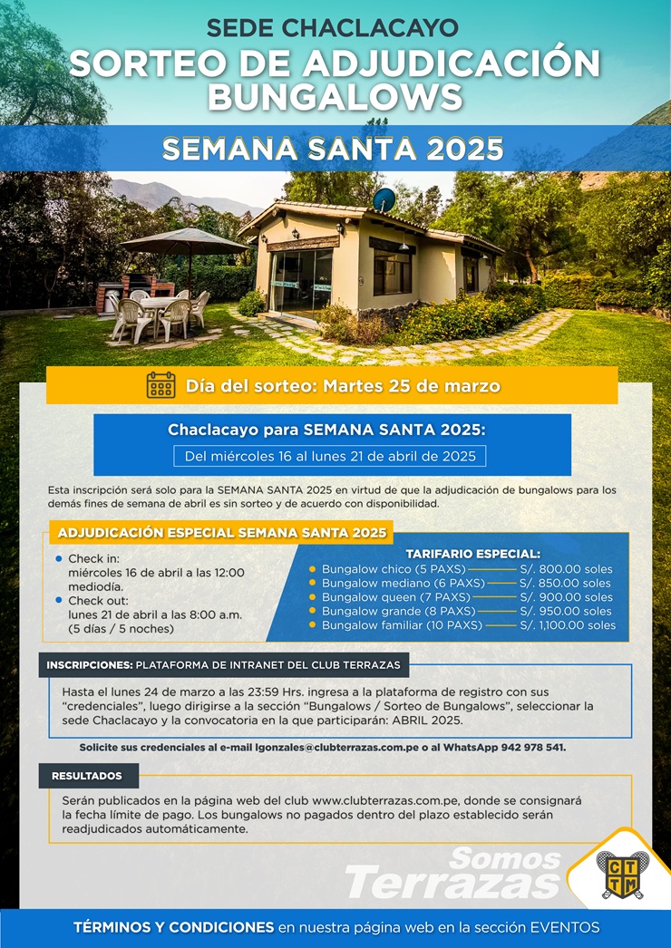 🎉 🏡 SORTEO DE BUNGALOWS POR SEMANA SANTA - SEDE CHACLACAYO 🌳🌞