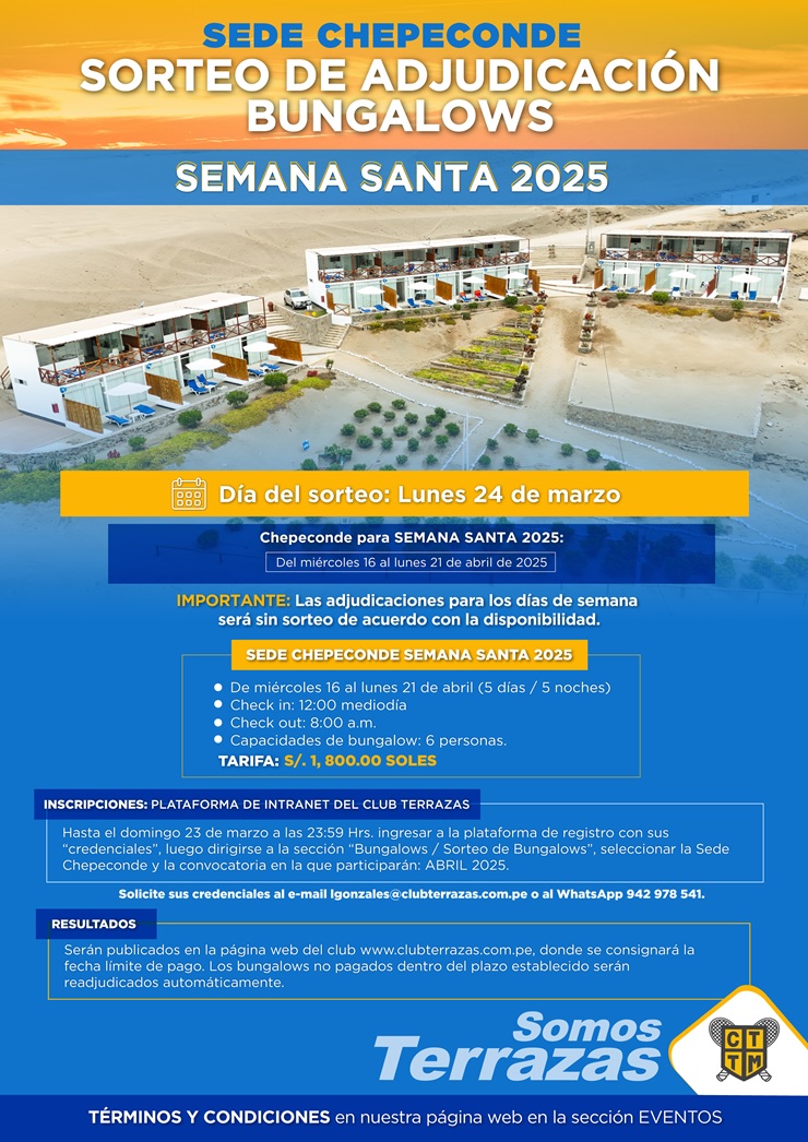 🎉 🏡 SORTEO DE BUNGALOWS POR SEMANA SANTA - SEDE CHEPECONDE 🏖️🌞