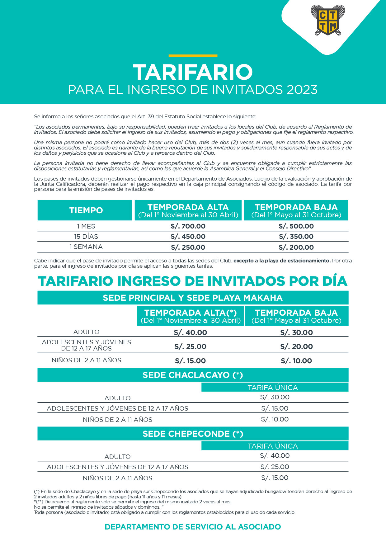 TARIFARIO INGRESO DE INVITADOS 2023