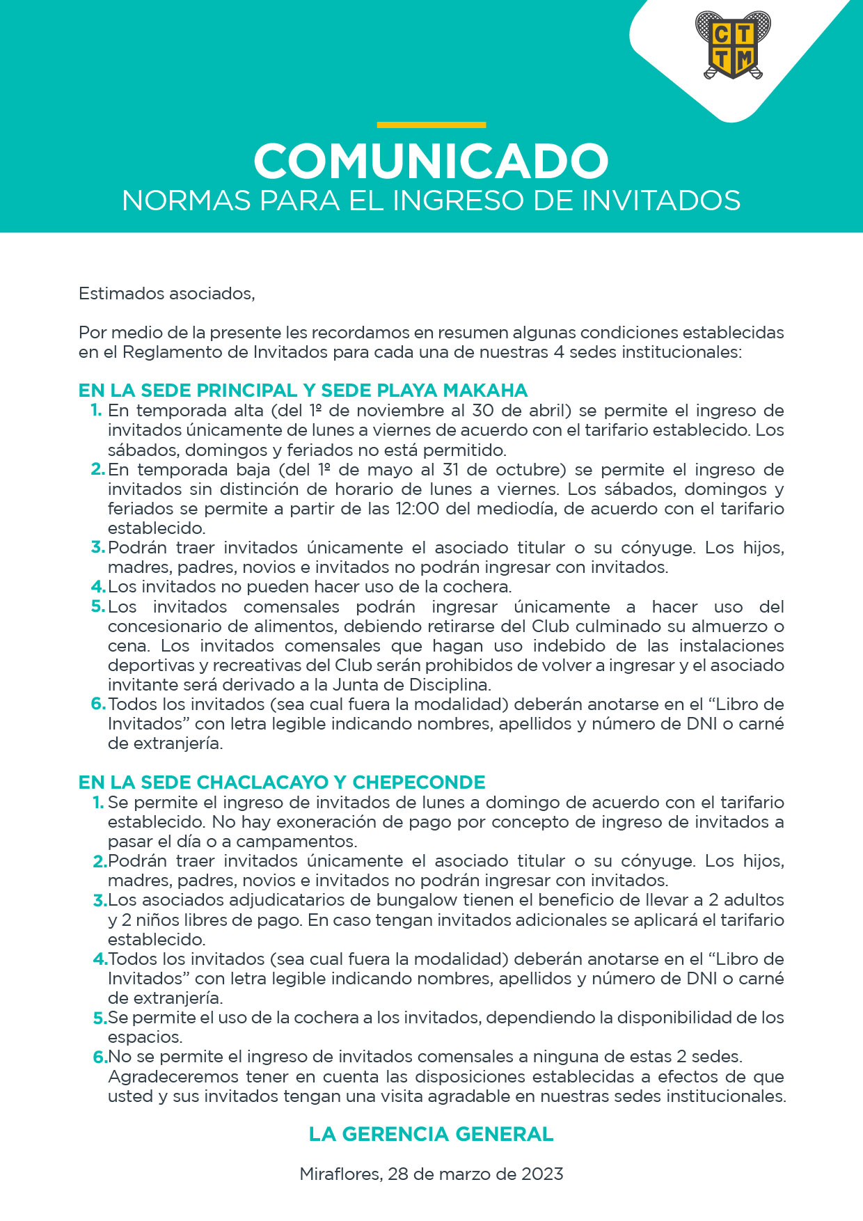 COMUNICADO: NORMAS PARA EL INGRESO DE INVITADOS