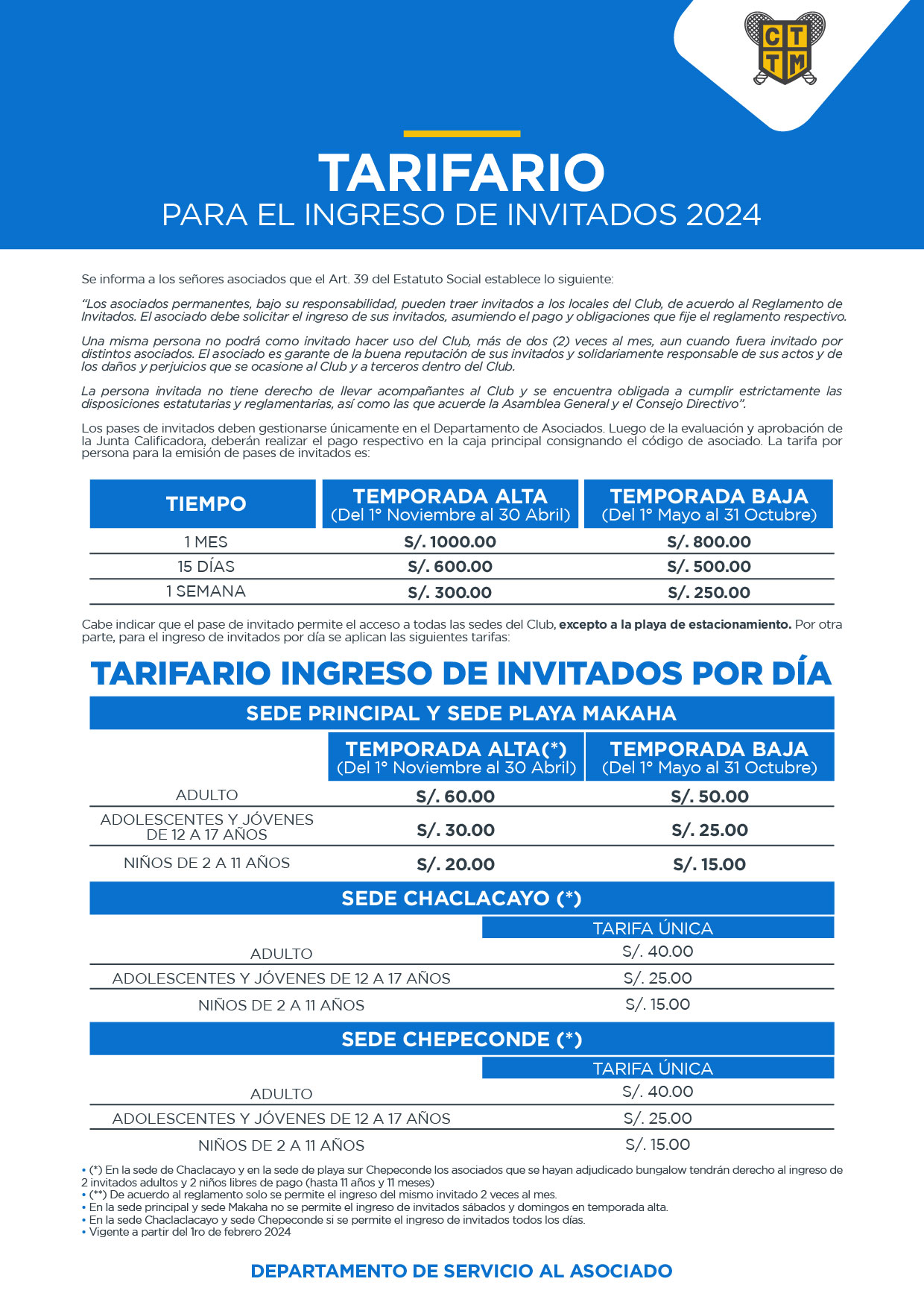 TARIFARIO PARA INGRESO DE INVITADOS 2024