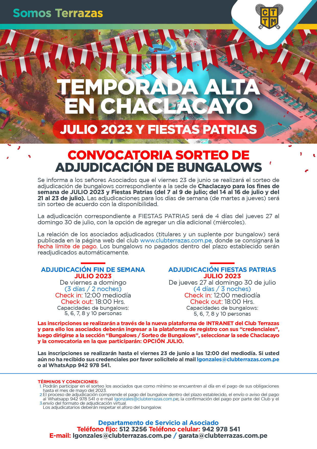CONVOCATORIA A SORTEO DE ADJUDICACIÓN DE BUNGALOWS - JULIO 2023