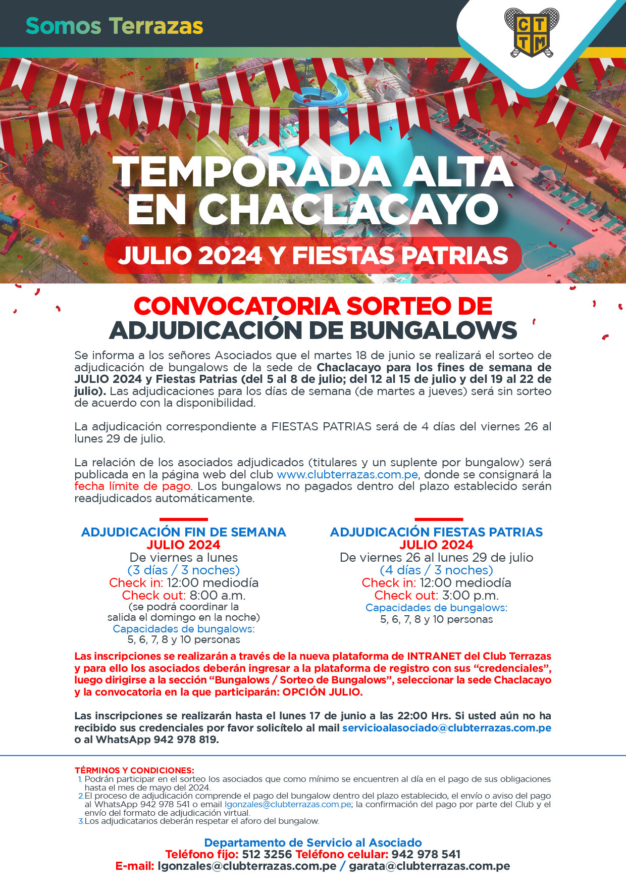 CONVOCATORIA AL SORTEO DE ADJUDICACIÓN DE BUNGALOWS: JULIO 2024 Y FIESTAS PATRIAS 