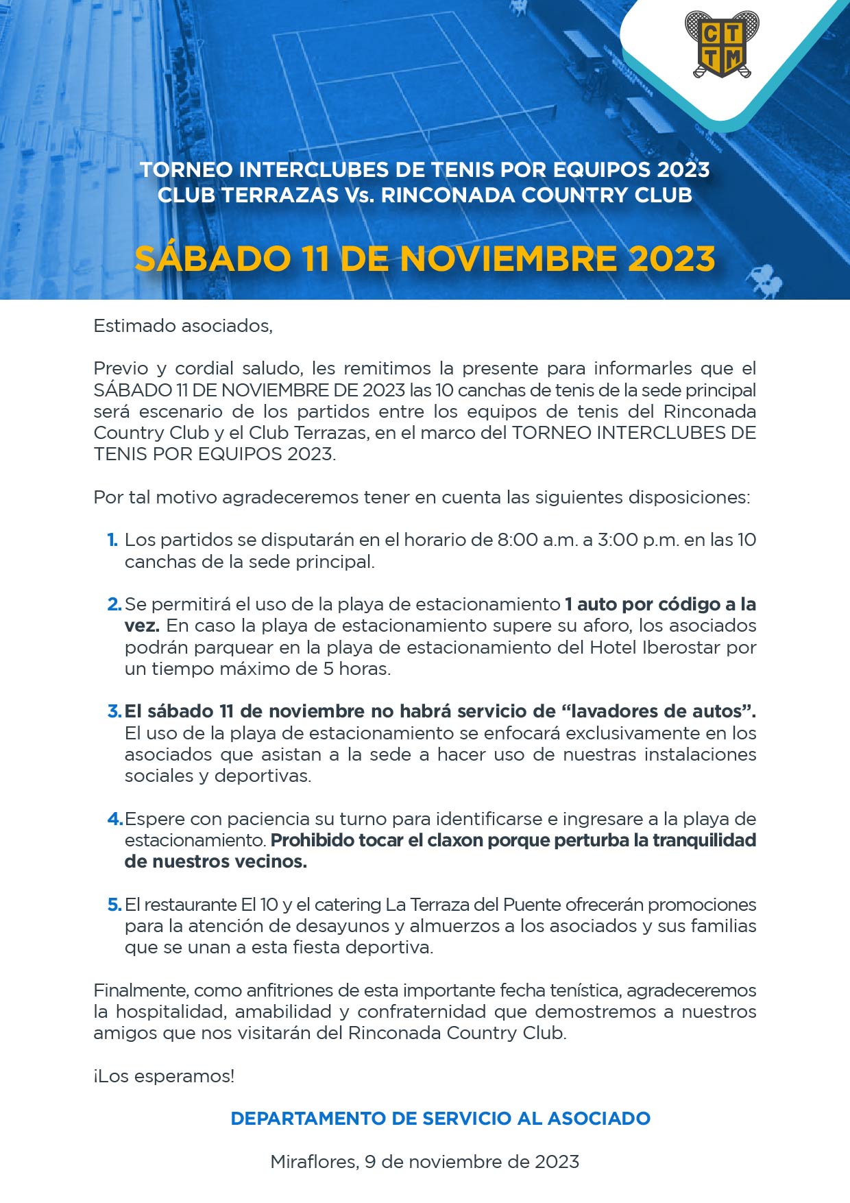 TORNEO INTERCLUBES DE TENIS POR EQUIPOS 2023: CLUB TERRAZAS Vs. RINCONADA COUNTRY CLUB