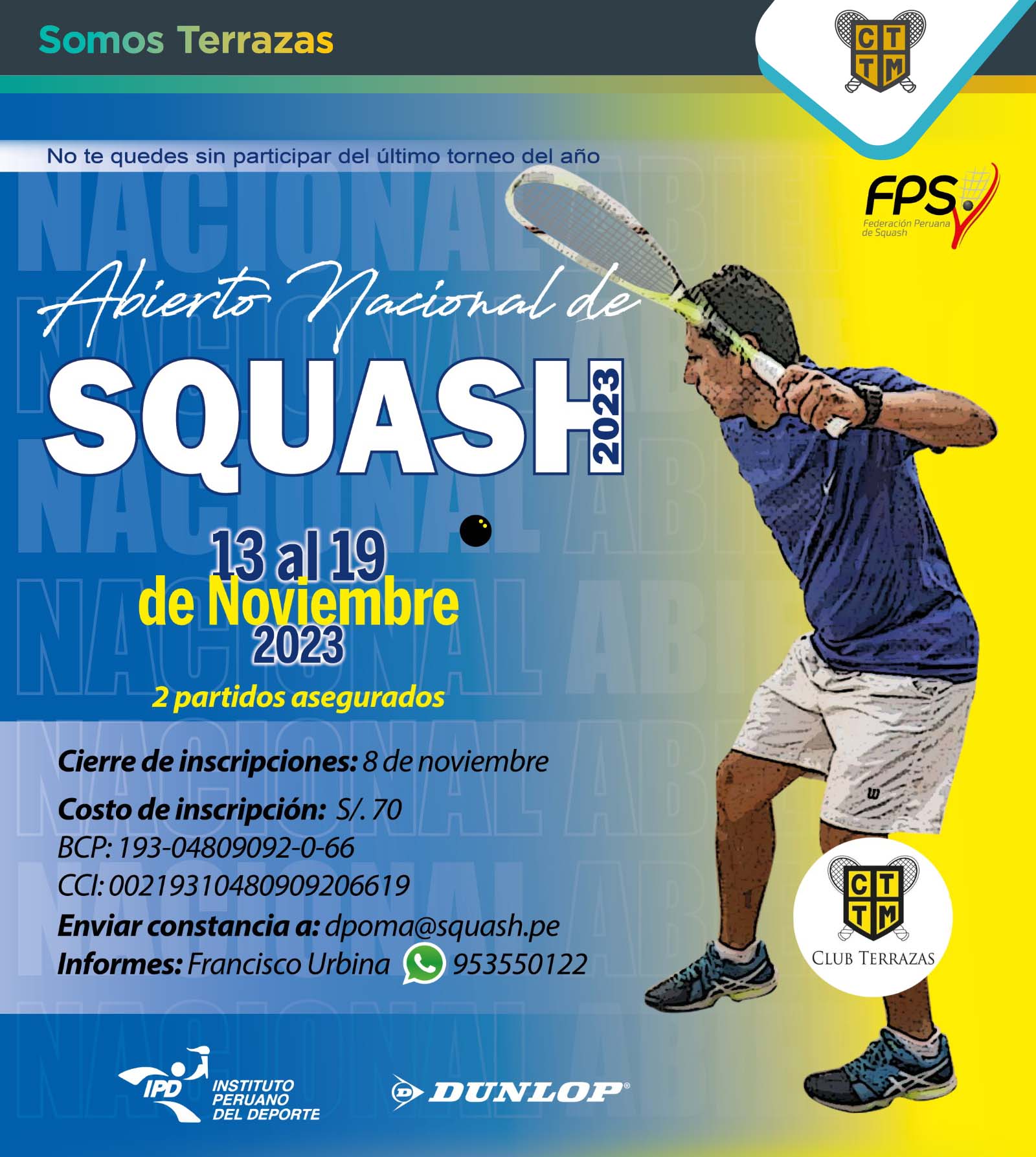 EL ABIERTO NACIONAL DE SQUASH HARÁ VIBRAR A LOS AFICIONADOS TERRACINOS DEL 13 AL 9 DE NOVIEMBRE