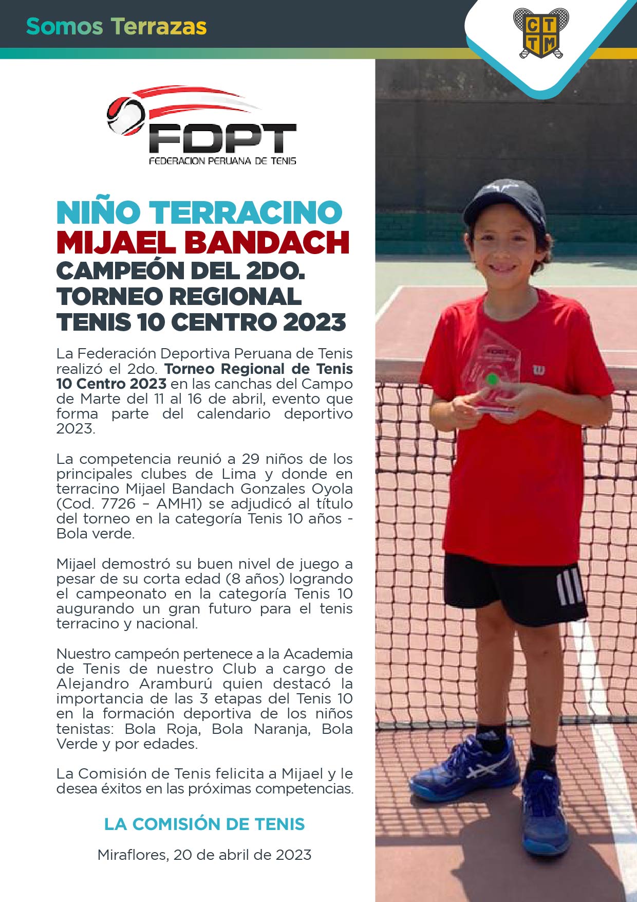 NIÑO TERRACINO MIJAEL BANDACH: CAMPEÓN DEL 2DO. TORNEO REGIONAL TENIS 10 CENTRO 2023