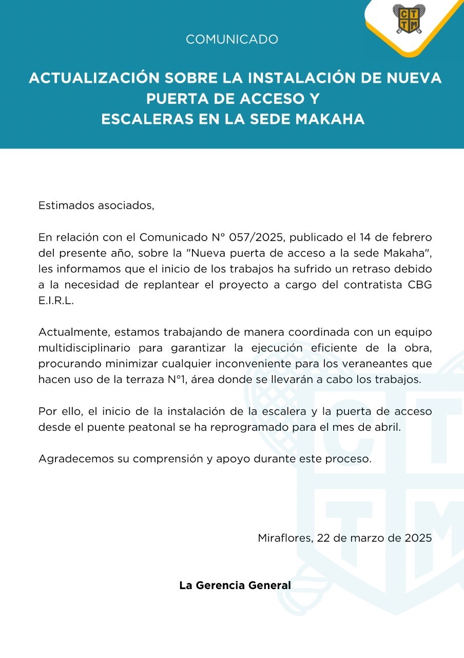 📣COMUNICADO: REGLAMENTOS DE ACTUALIZACIÓN SOBRE LA INSTALACIÓN DE NUEVA PUERTA  DE ACCESO Y ESCALERAS EN LA SEDE MAKAHA