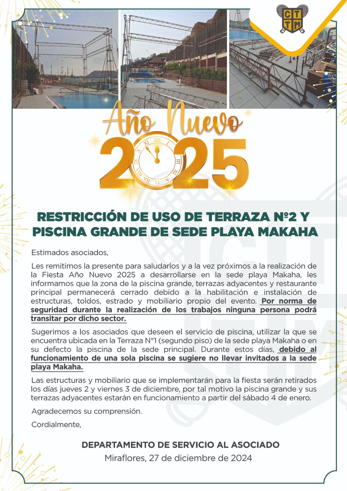  📢 COMUNICADO: RESTRICCIÓN DE USO DE TERRAZA N°2 Y PISCINA GRANDE DE SEDE PLAYA MAKAHA 🏖️