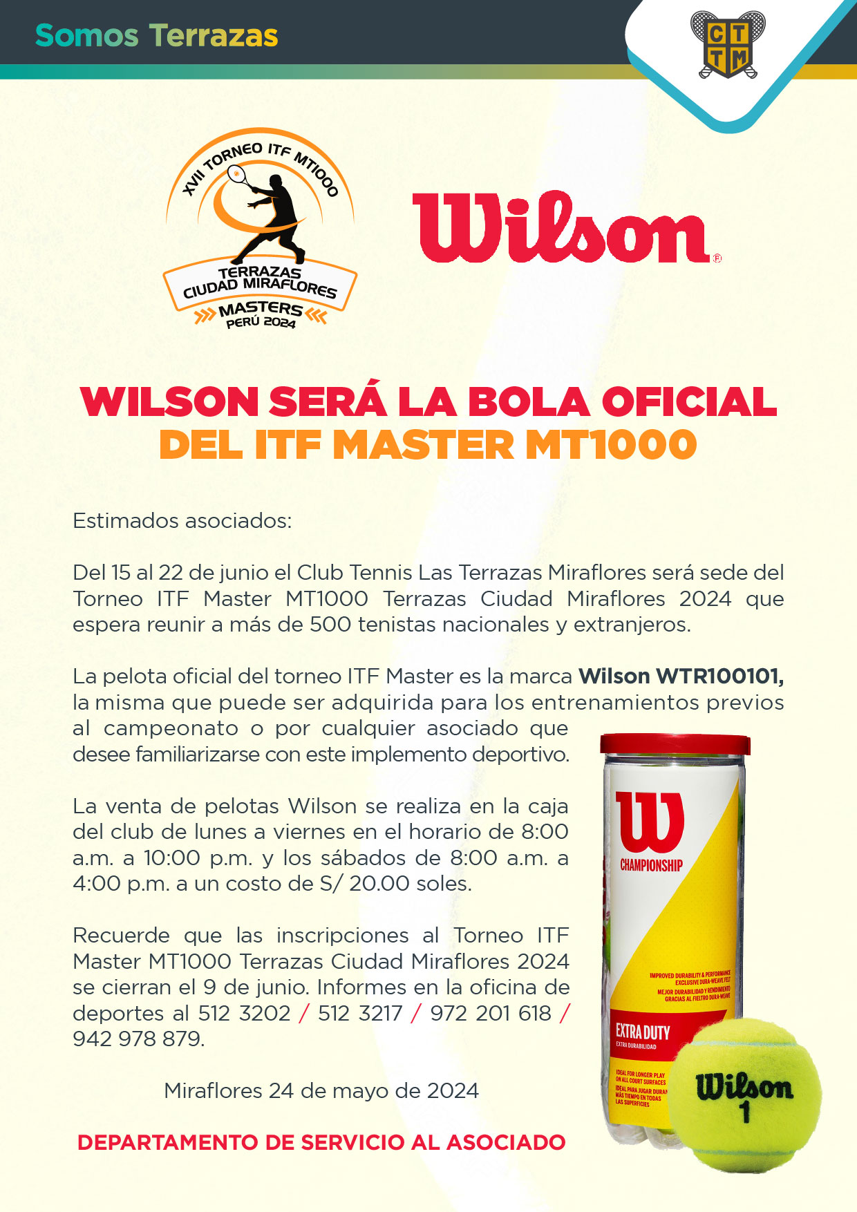 WILSON SERÁ LA BOLA OFICIAL DEL ITF MASTER MT1000 