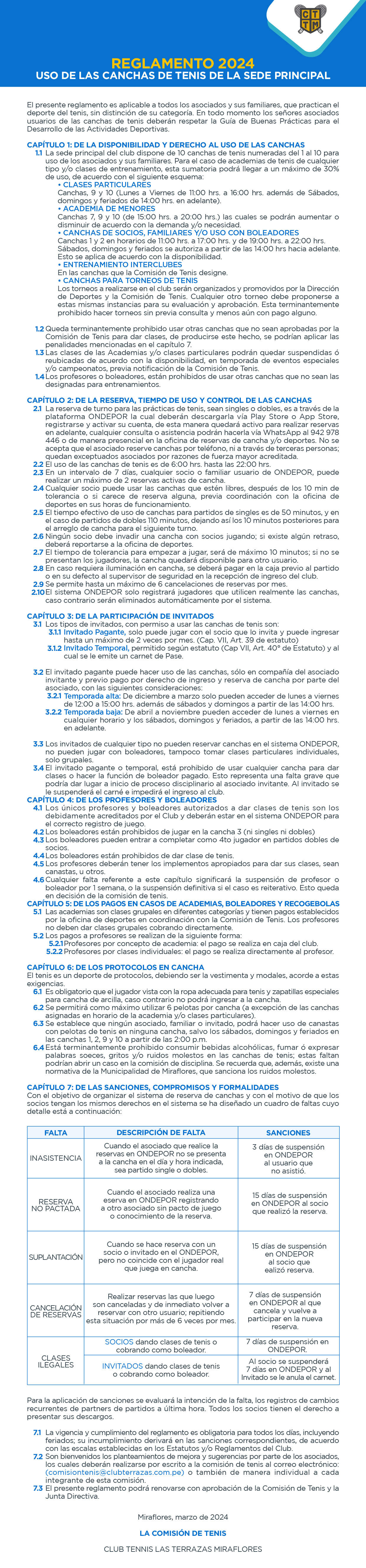 REGLAMENTO 2024 / USO DE CANCHAS DE TENIS DE LA SEDE PRINCIPAL