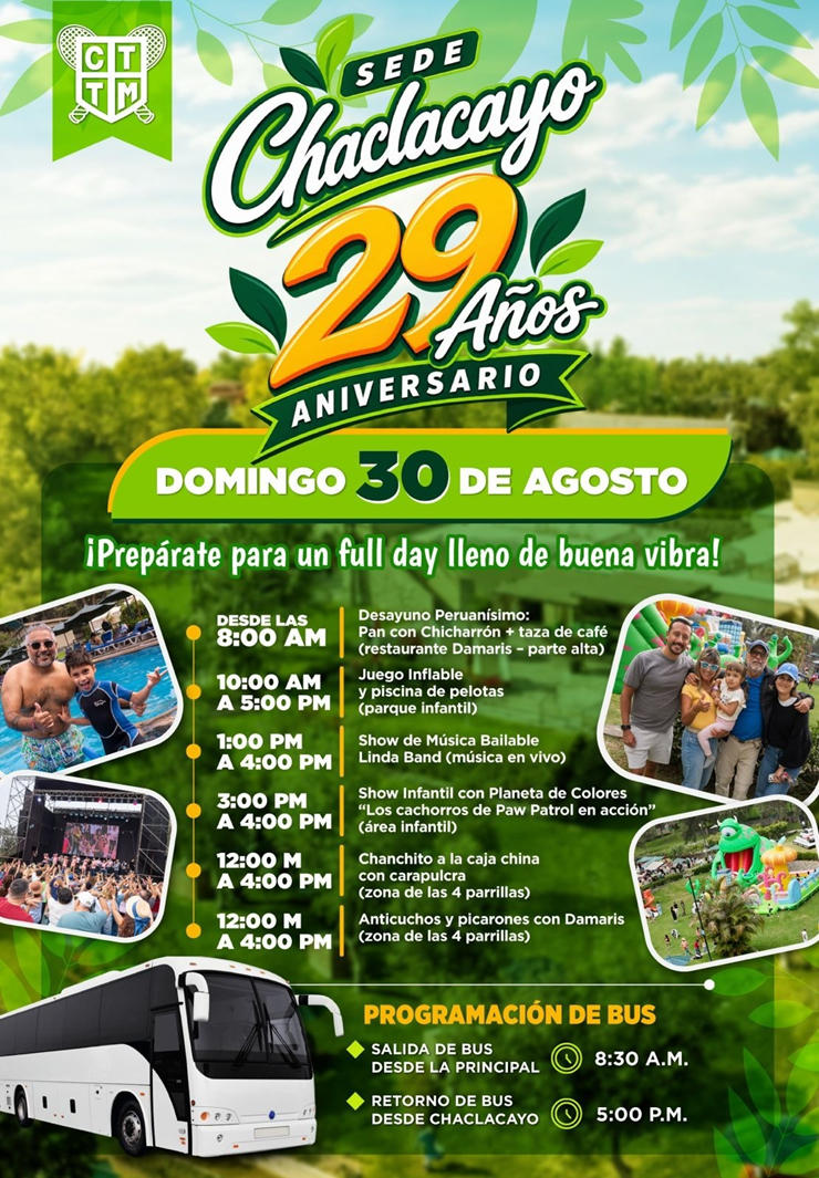 🎉 SEDE CHACLACAYO | 29.º ANIVERSARIO – DOMINGO 30 DE AGOSTO