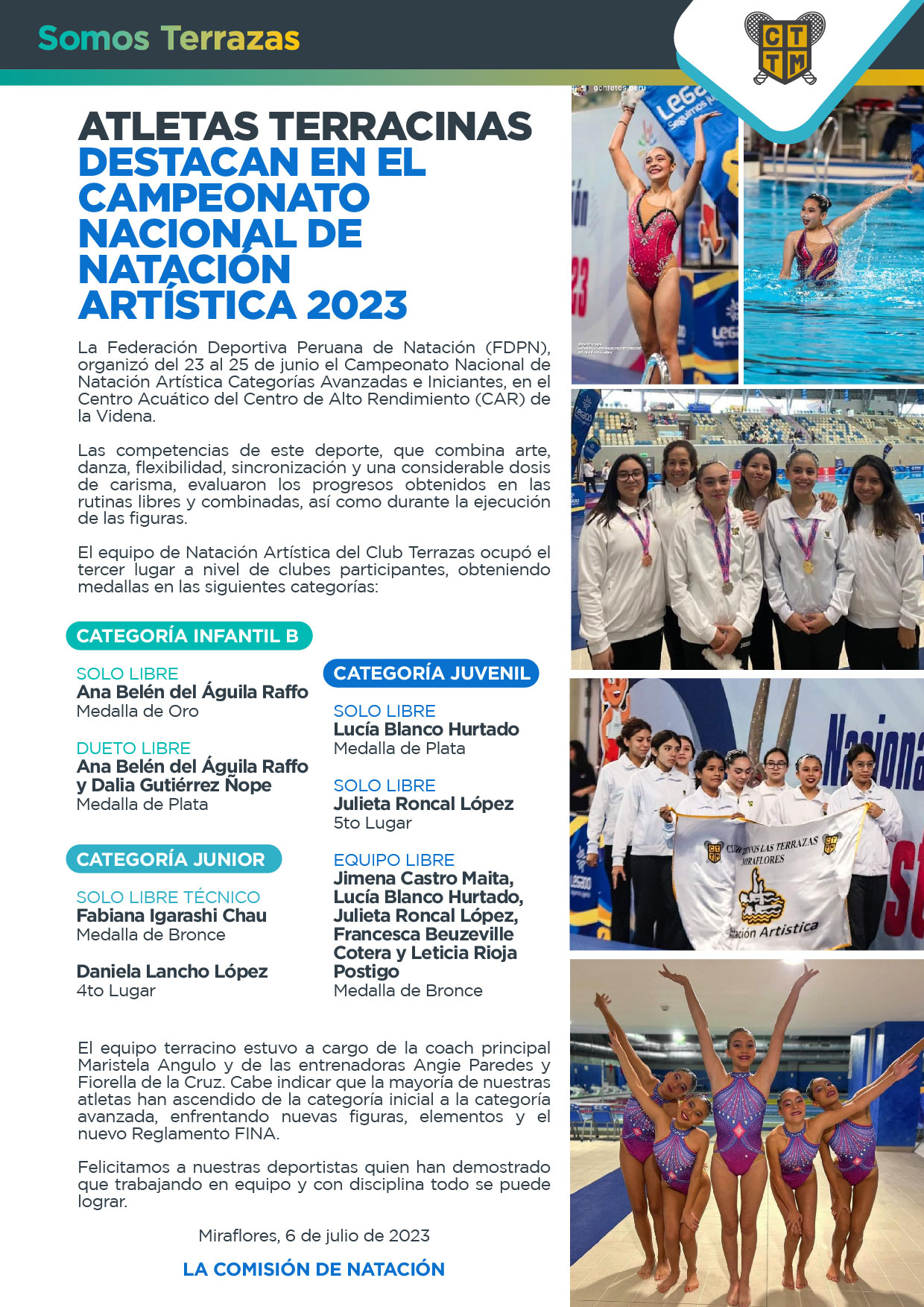 ATLETAS TERRACINAS DESTACAN EN EL CAMPEONATO NACIONAL DE NATACIÓN ARTÍSTICA 2023