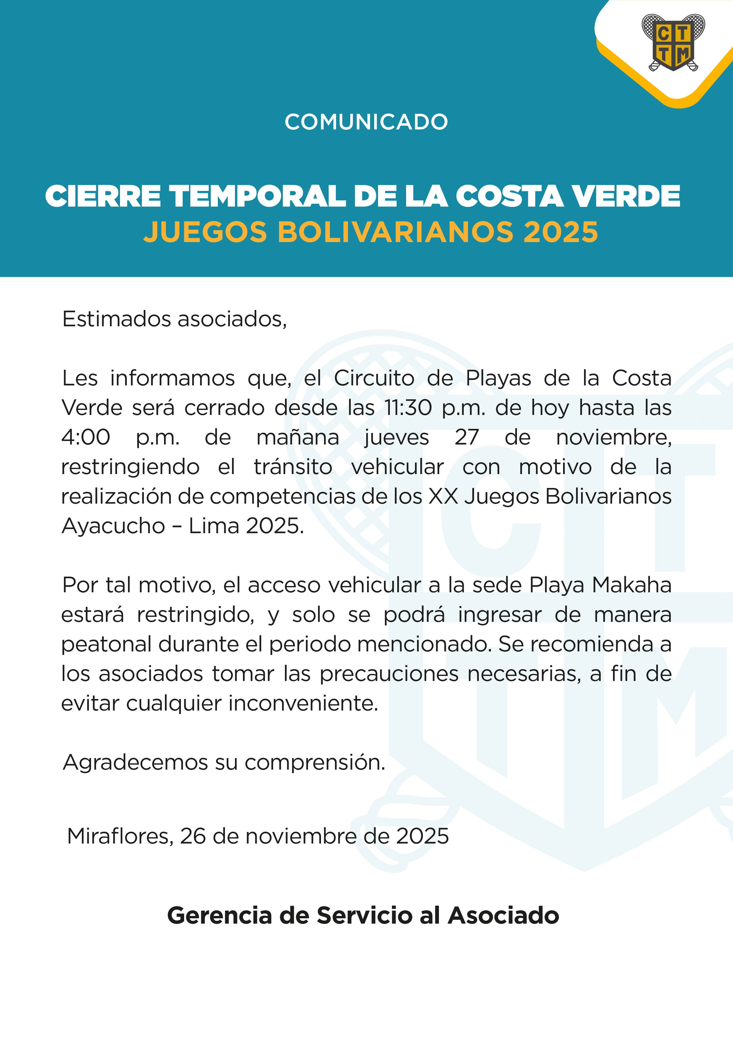 📢COMUNICADO: CIERRE TEMPORAL DE LA COSTA VERDE – JUEGOS BOLIVARIANOS 2025