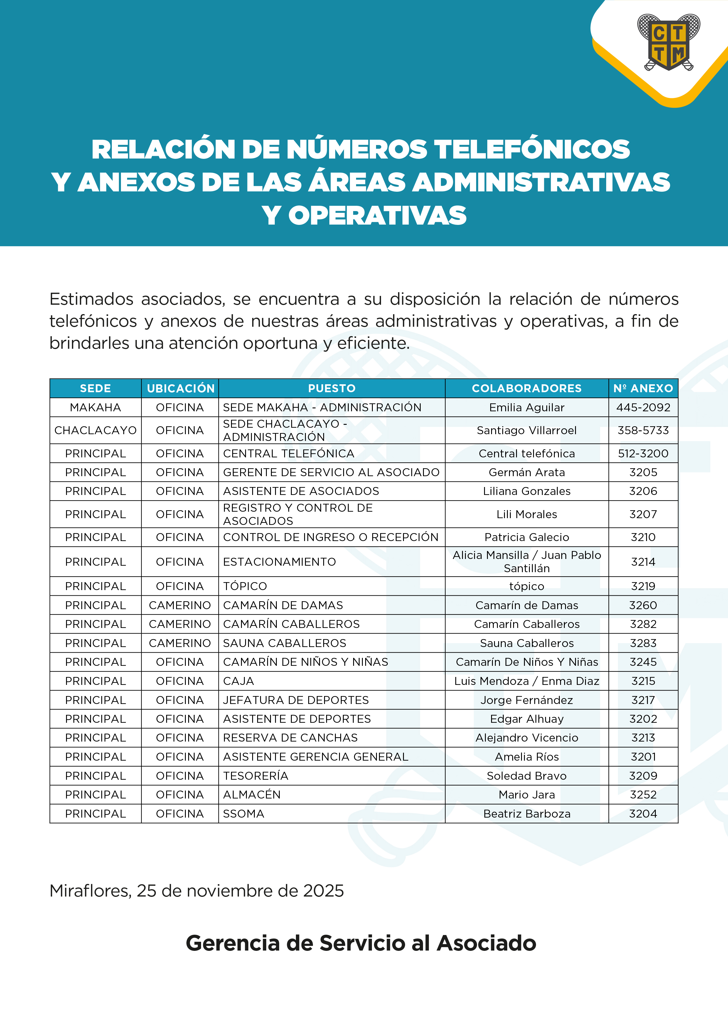 📢RELACIÓN DE NÚMEROS TELEFÓNICOS  Y ANEXOS DE LAS ÁREAS ADMINISTRATIVAS  Y OPERATIVAS