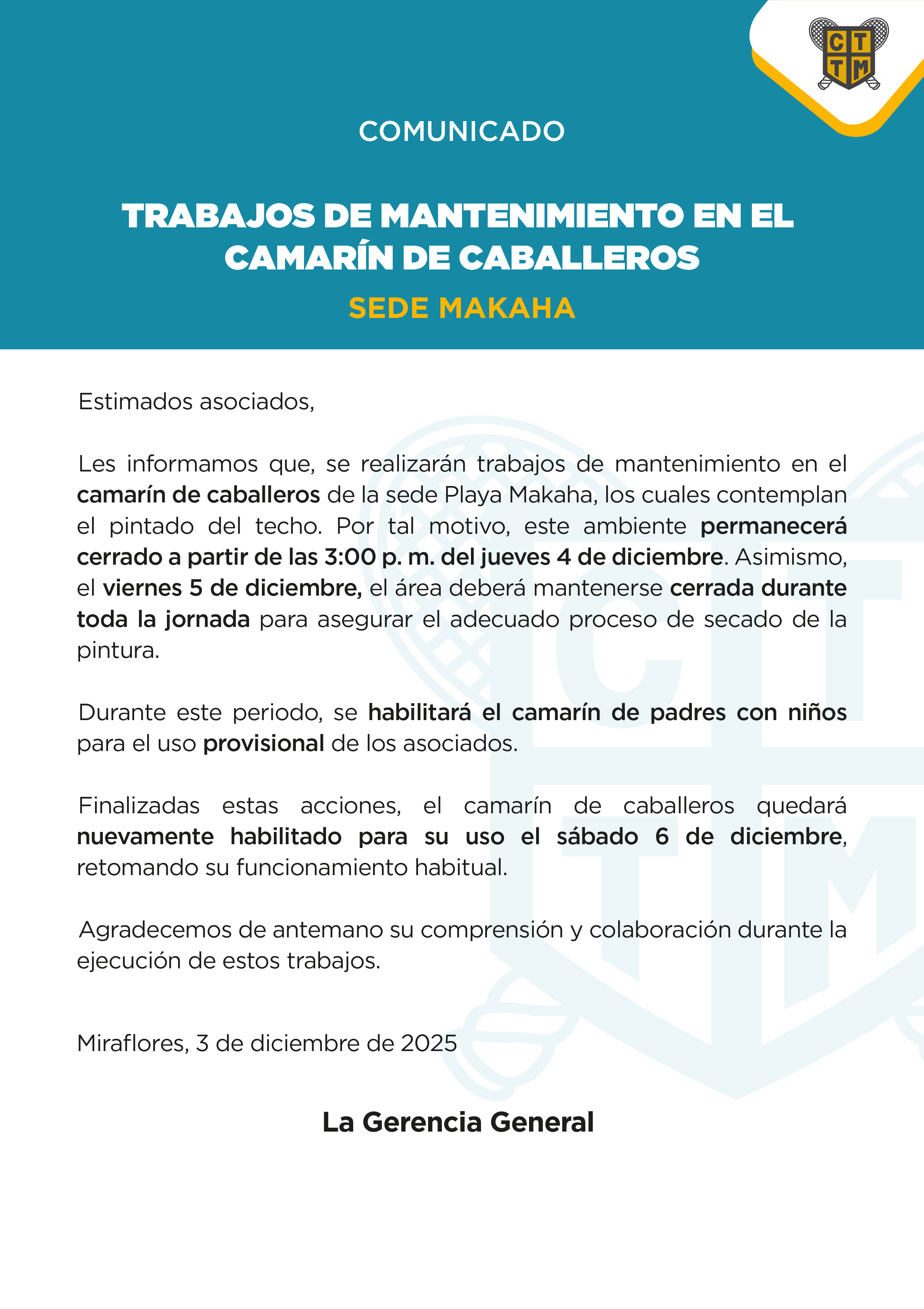 📢COMUNICADO:TRABAJOS DE MANTENIMIENTO EN EL CAMARÍN DE CABALLEROS -  SEDE MAKAHA