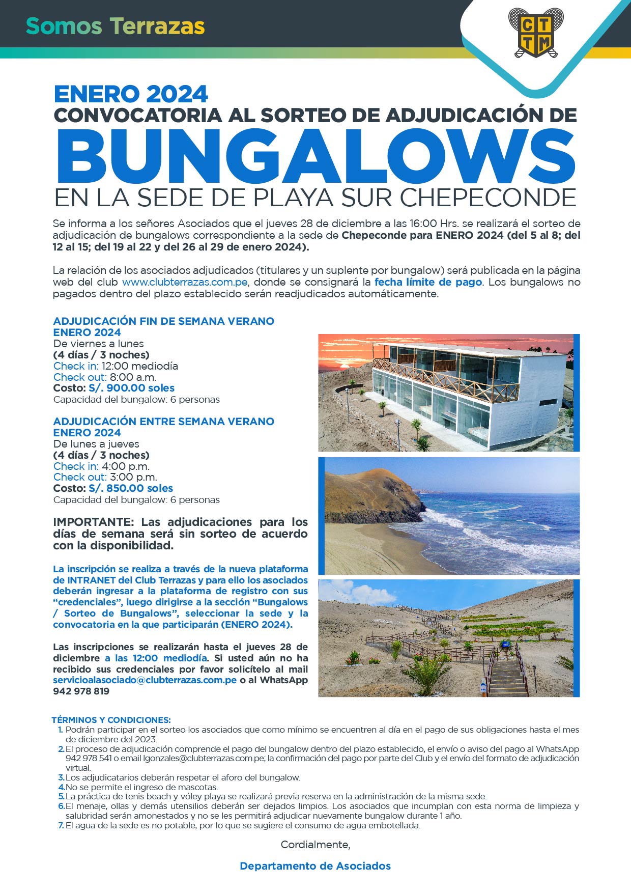 CONVOCATORIA AL SORTEO DE ADJUDICACIÓN DE BUNGALOWS: ENERO 2024 – SEDE CHEPECONDE