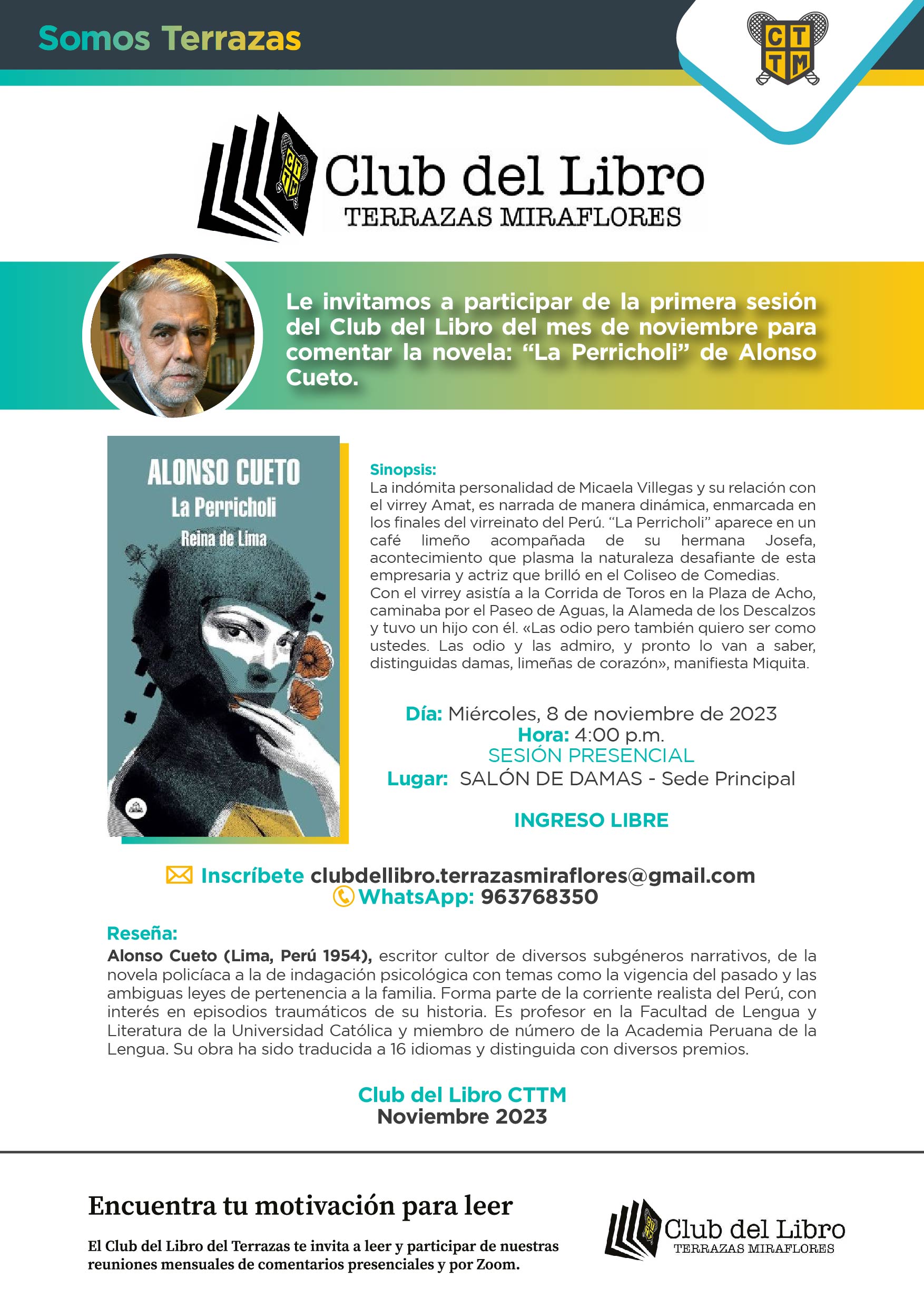 LE INVITAMOS A PARTICIPAR DE LA PRIMERA SESIÓN DEL CLUB DEL LIBRO DEL MES DE NOVIEMBRE PARA COMENTAR LA NOVELA: “LA PERRICHOLI” DE ALONSO CUETO