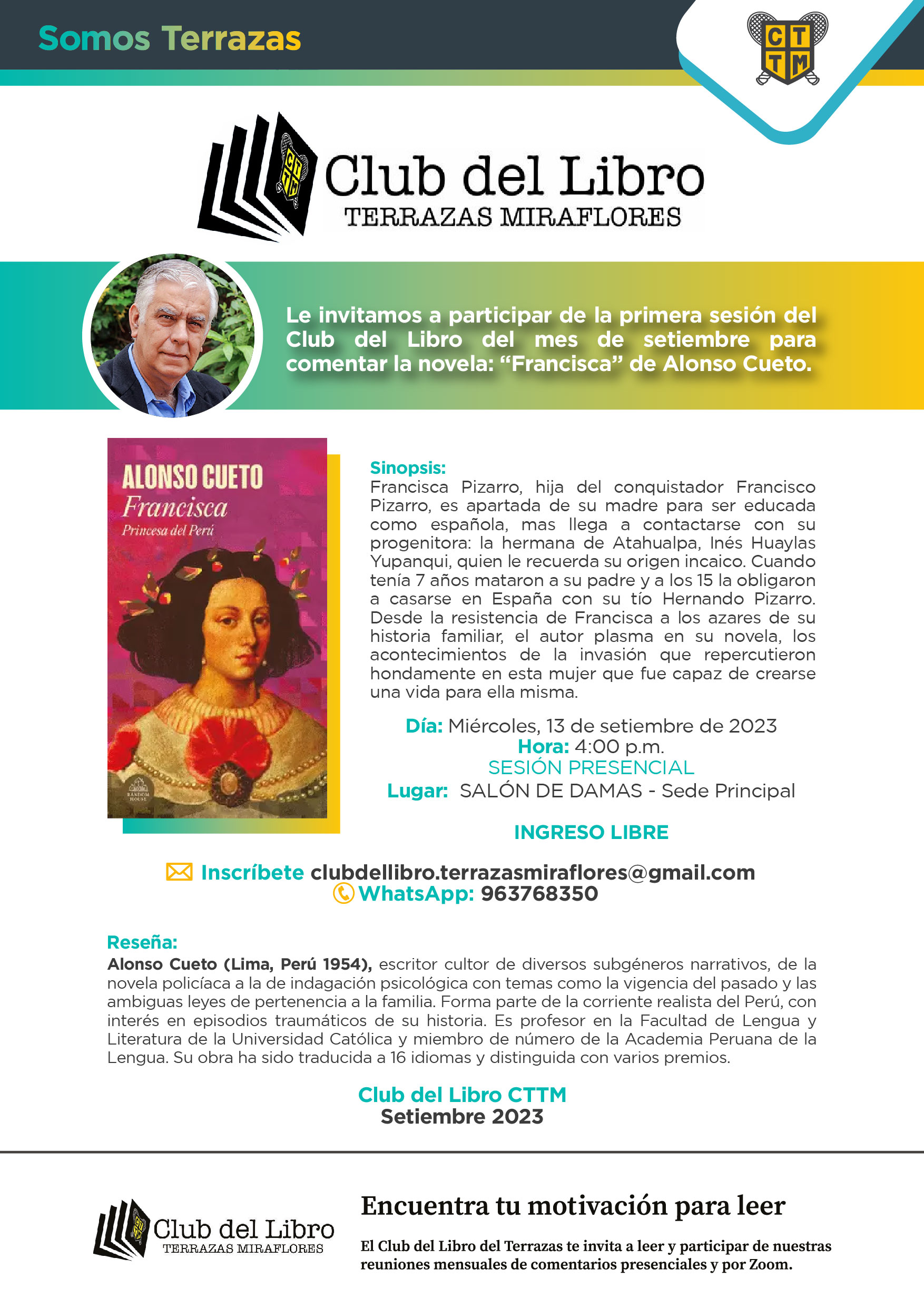 LE INVITAMOS A PARTICIPAR DE LA PRIMERA SESIÓN DEL CLUB DEL LIBRO DEL MES DE SETIEMBRE PARA COMENTAR LA NOVELA: “FRANCISCA” DE ALONSO CUETO.