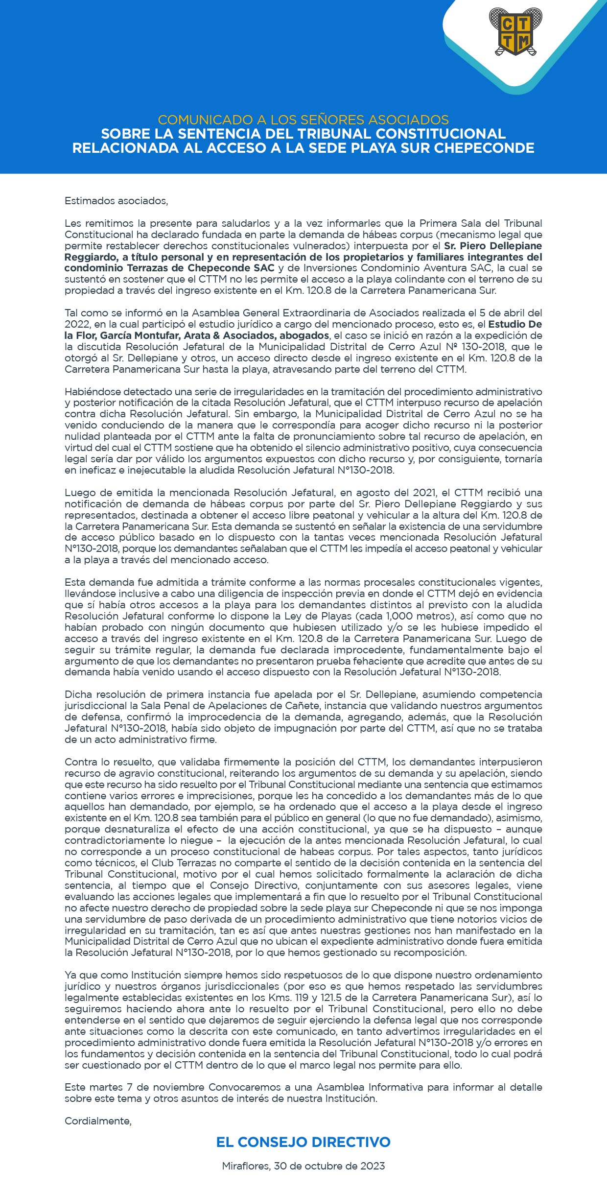 COMUNICADO A LOS SEÑORES ASOCIADOS 