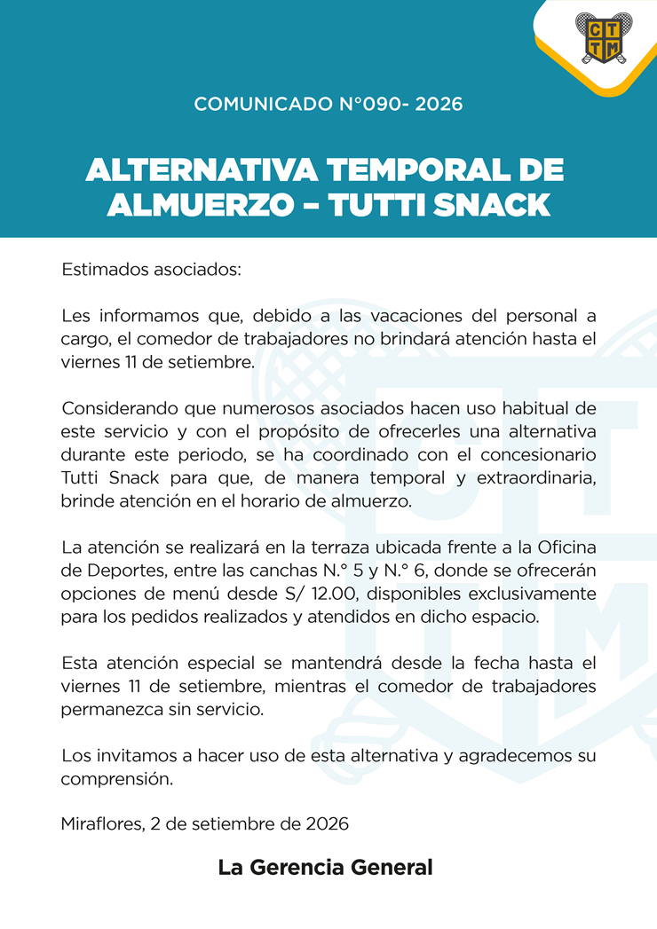 📣COMUNICADO N°090 -  ALTERNATIVA TEMPORAL DE ALMUERZO – TUTTI SNACK