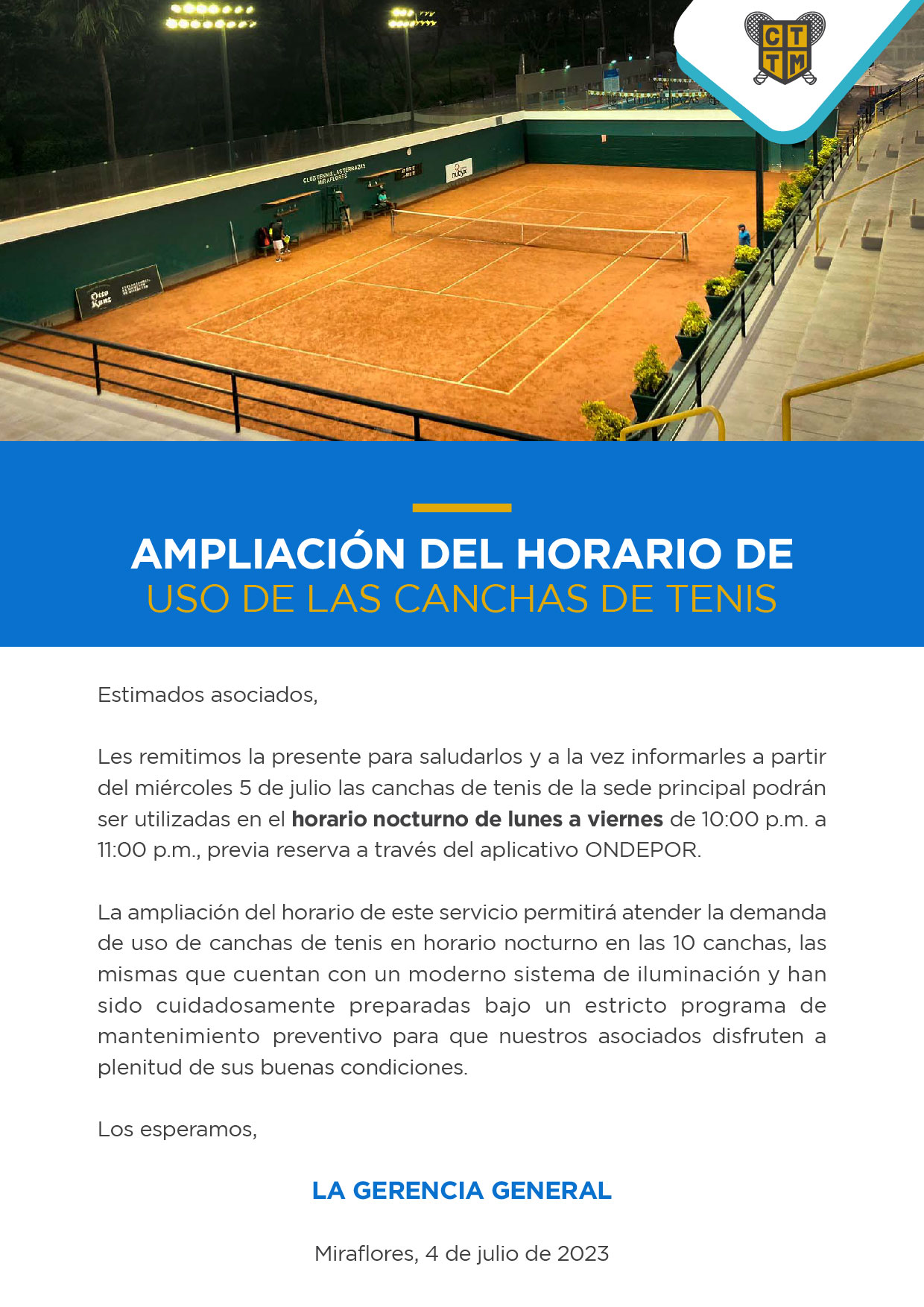 AMPLIACIÓN DEL HORARIO DE USO DE LAS CANCHAS DE TENIS