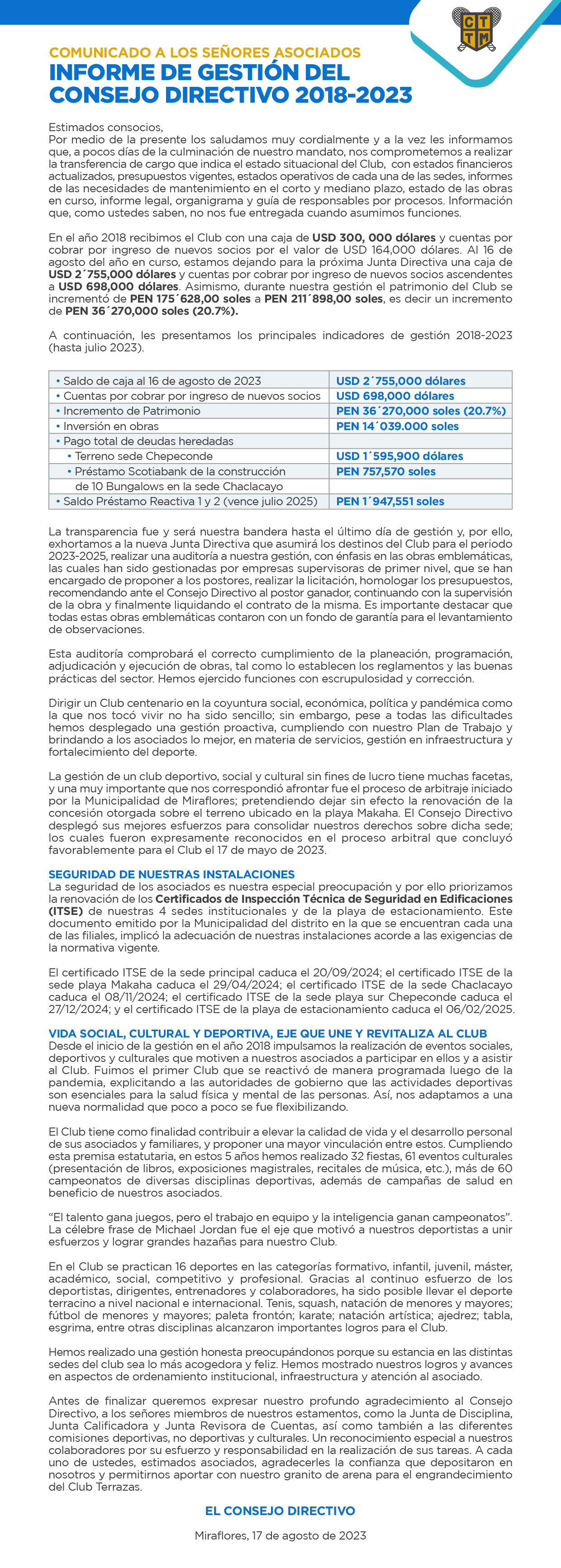 COMUNICADO A LOS SEÑORES ASOCIADOS: INFORME DE GESTIÓN DEL CONSEJO DIRECTIVO 2018-2023