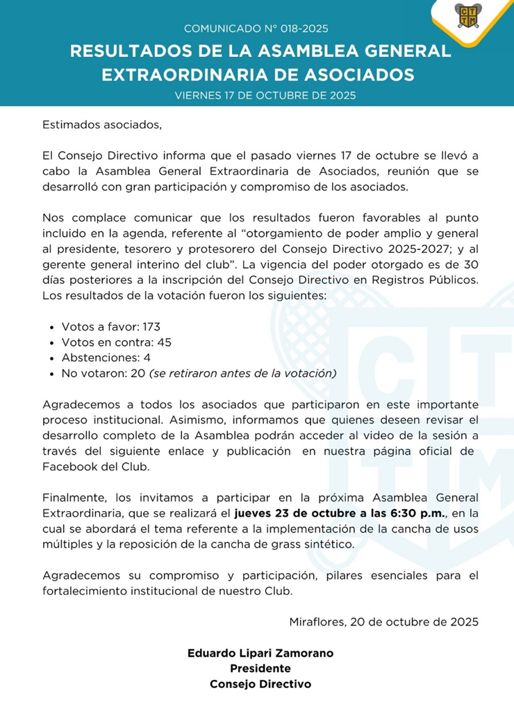 📣COMUNICADO N° 018 – 2025: RESULTADOS DE LA ASAMBLEA GENERAL EXTRAORDINARIA DE ASOCIADOS 🗳️