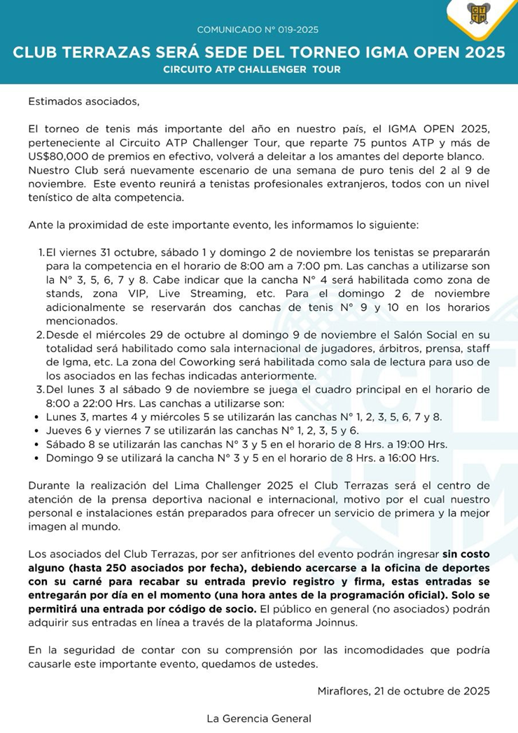 📣COMUNICADO N° 019 - 2025: CLUB TERRAZAS SERÁ SEDE DEL TORNEO LIMA CHALLENGER 2025