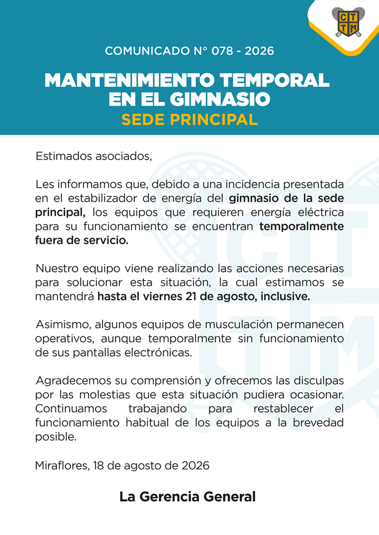 📣COMUNICADO N°078 - MANTENIMIENTO TEMPORAL EN EL GIMNASIO