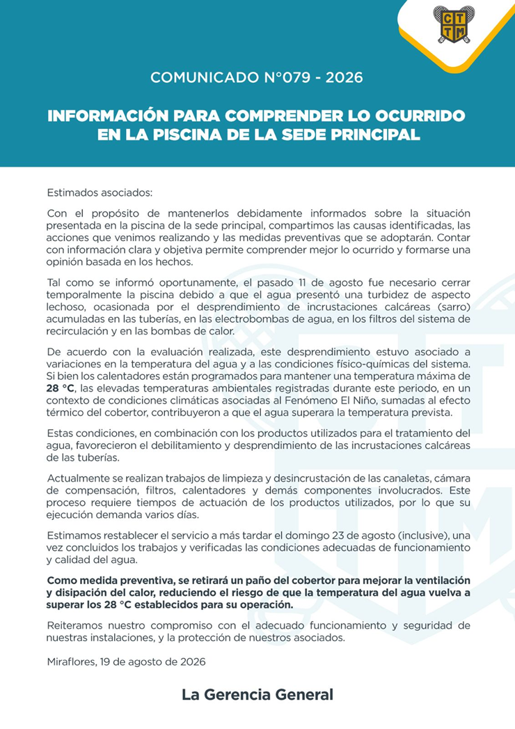 📣COMUNICADO N°079 - INFORMACIÓN PARA COMPRENDER LO OCURRIDO EN LA PISCINA DE LA SEDE PRINCIPAL