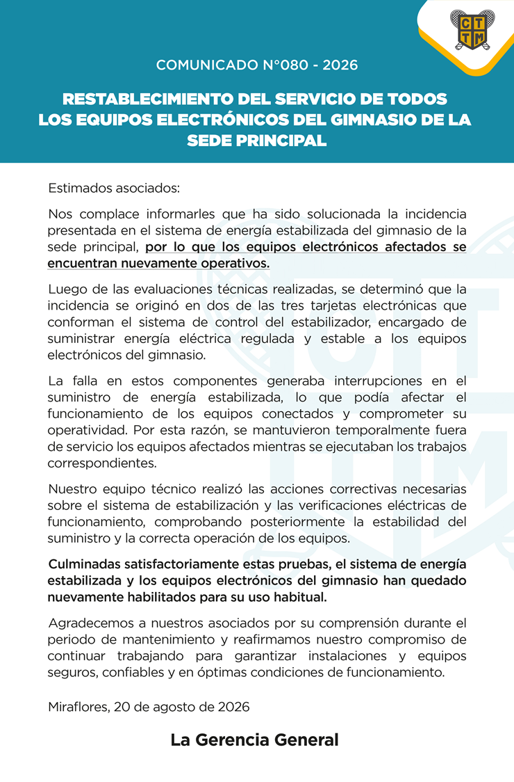 📣COMUNICADO N°080 -  RESTABLECIMIENTO DEL SERVICIO DE TODOS LOS EQUIPOS ELECTRÓNICOS DEL GIMNASIO DE LA SEDE PRINCIPAL