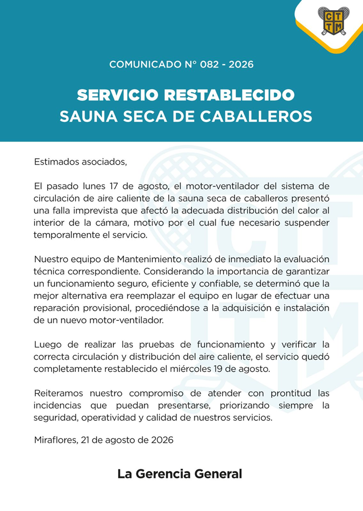 📣COMUNICADO N°082 - SERVICIO RESTABLECIDO – SAUNA SECA DE CABALLEROS