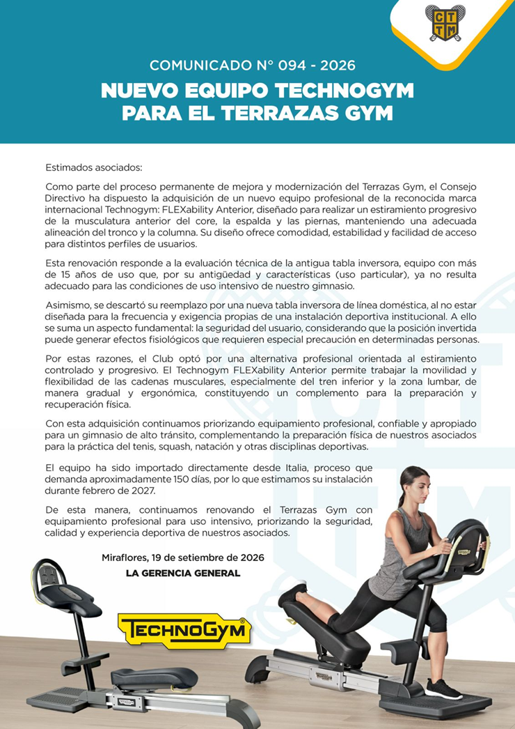 📣COMUNICADO N°094 - 2026:NUEVO EQUIPO TECHNOGYM PARA EL TERRAZAS GYM