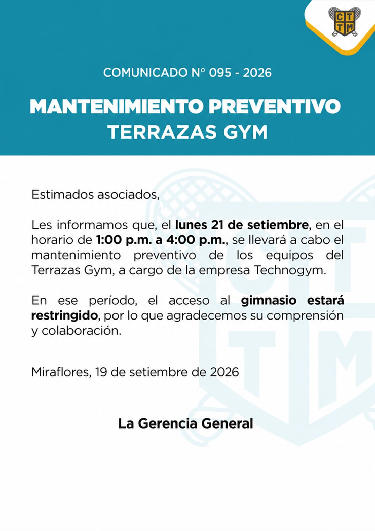 📣COMUNICADO N°095 - 2026: MANTENIMIENTO PREVENTIVO TERRAZAS GYM