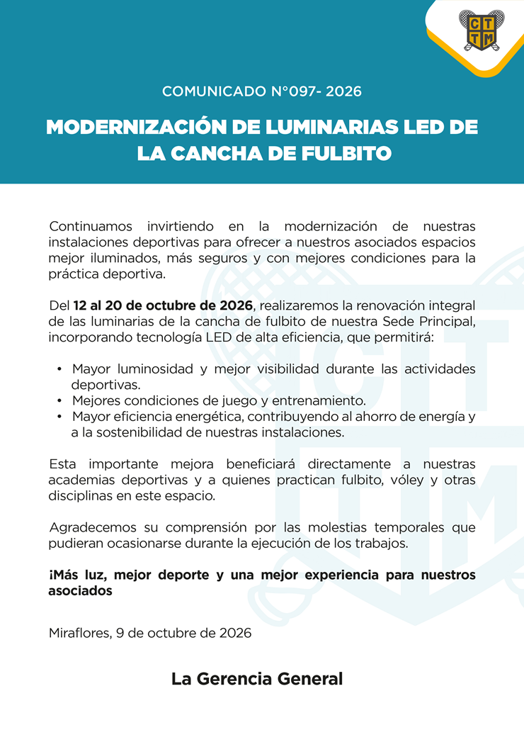 📣COMUNICADO N°097 - 2026: MODERNIZACIÓN DE LUMINARIAS LED DE LA CANCHA DE FULBITO