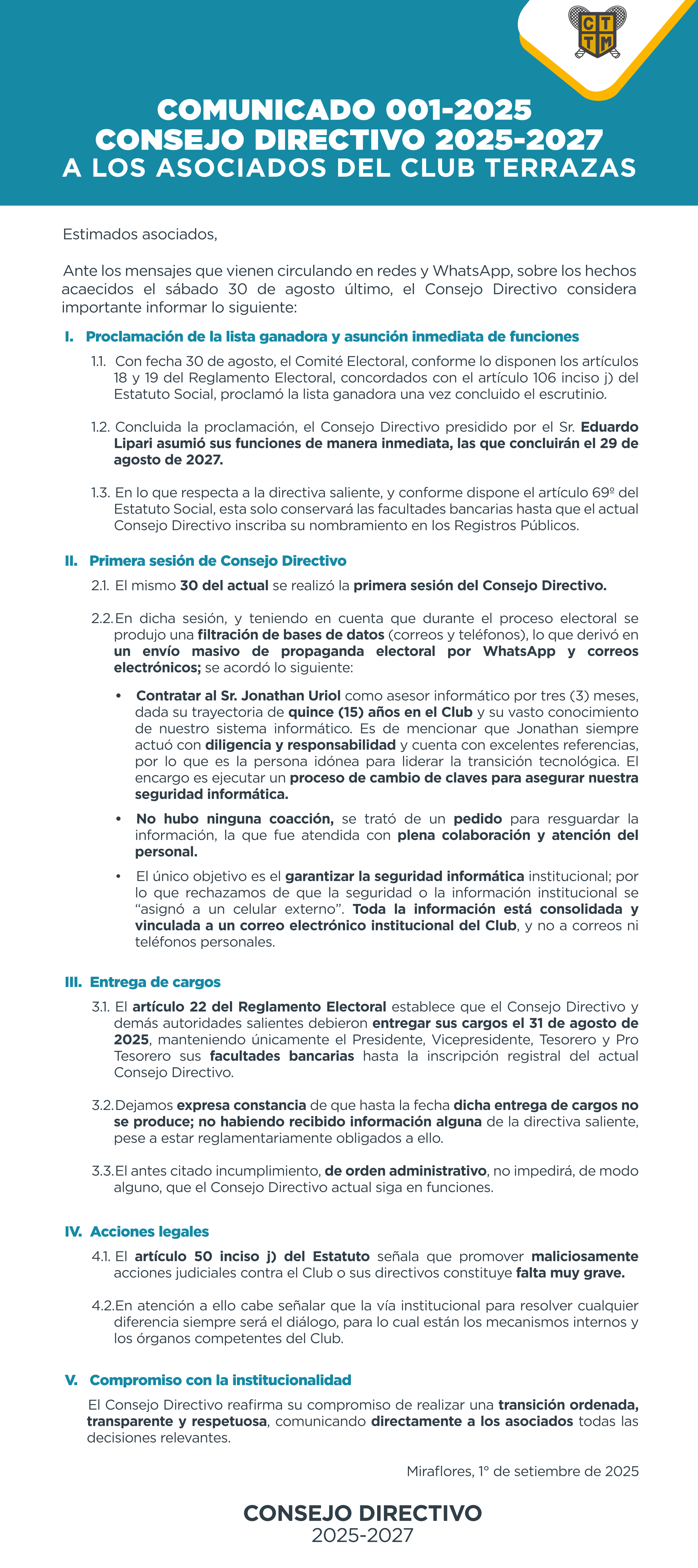 📣COMUNICADO 001- 2025 - CONSEJO DIRECTIVO 2025-2027 - A LOS ASOCIADOS DEL CLUB TERRAZAS