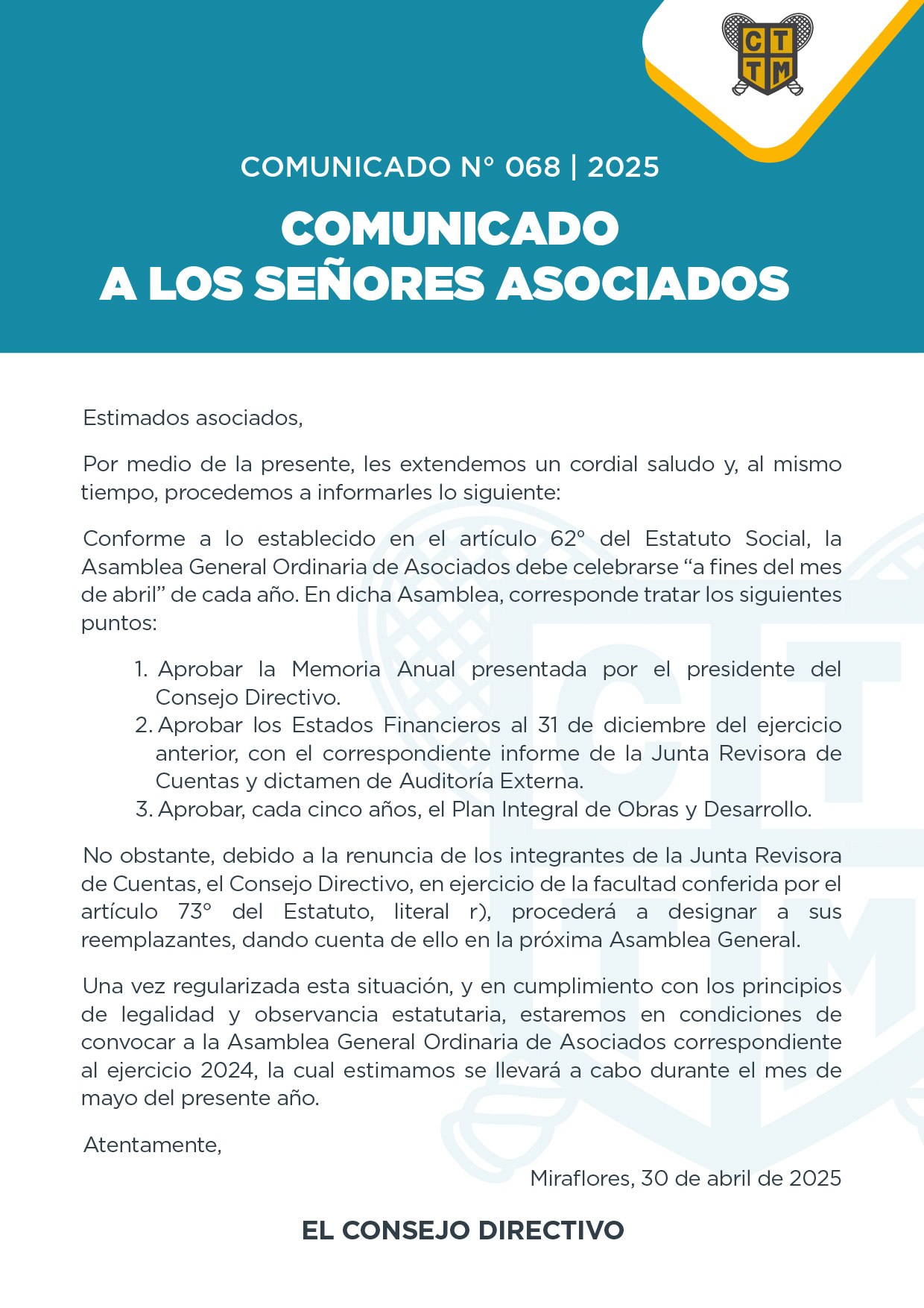 📣 COMUNICADO N° 068 | 2025: A LOS SEÑORES ASOCIADOS